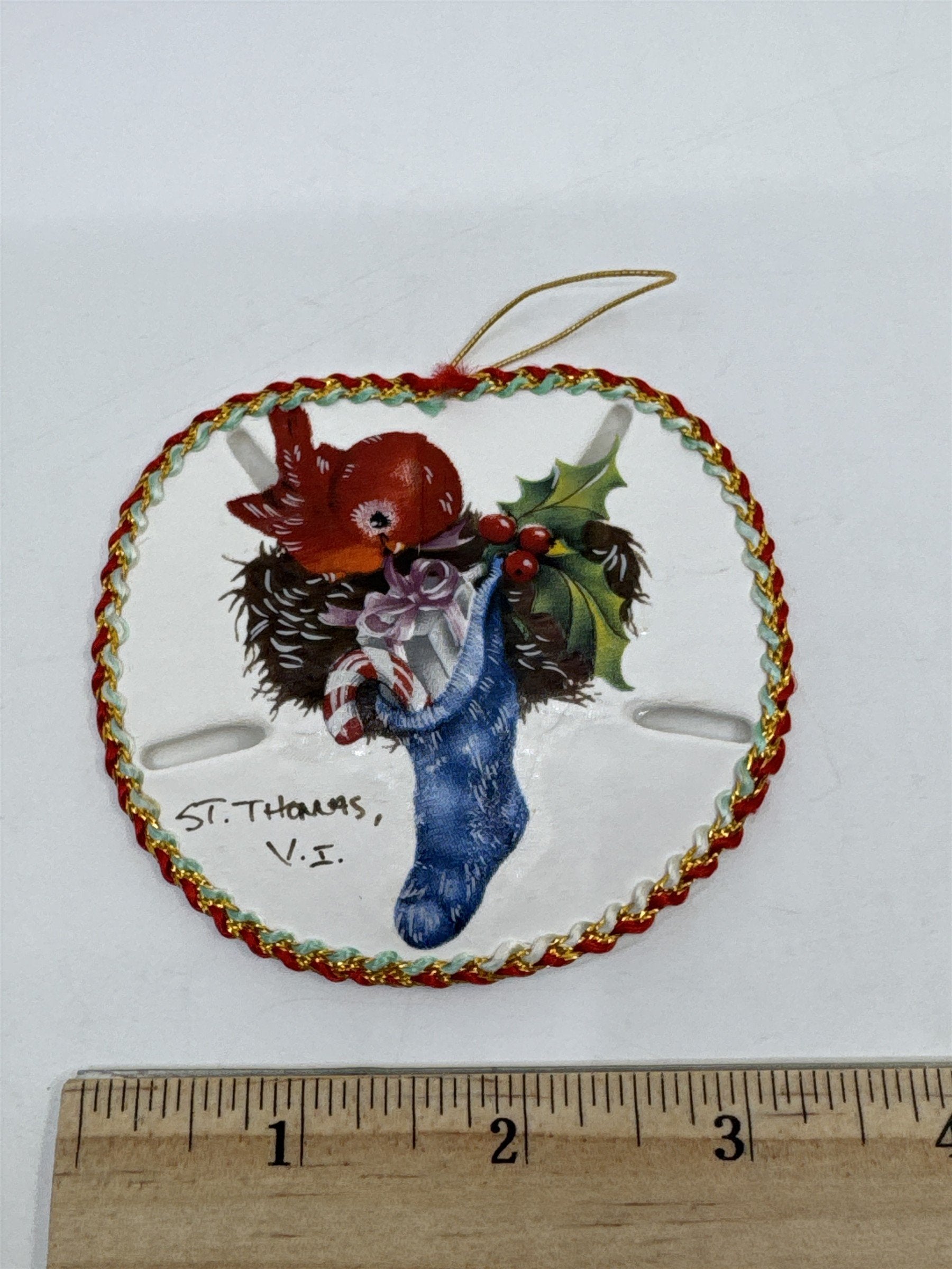 Vintage Decorative Christmas Sand Dollar Ornament St. Thomas V.I. W/ Cardinal