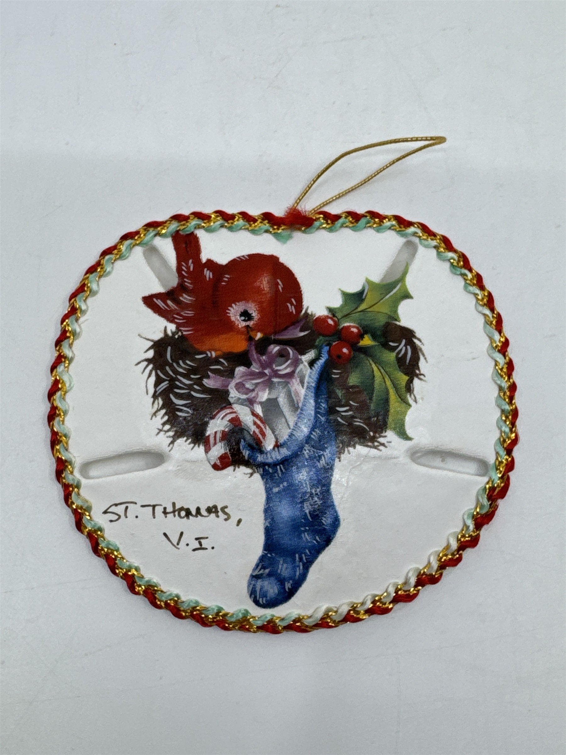 Vintage Decorative Christmas Sand Dollar Ornament St. Thomas V.I. W/ Cardinal