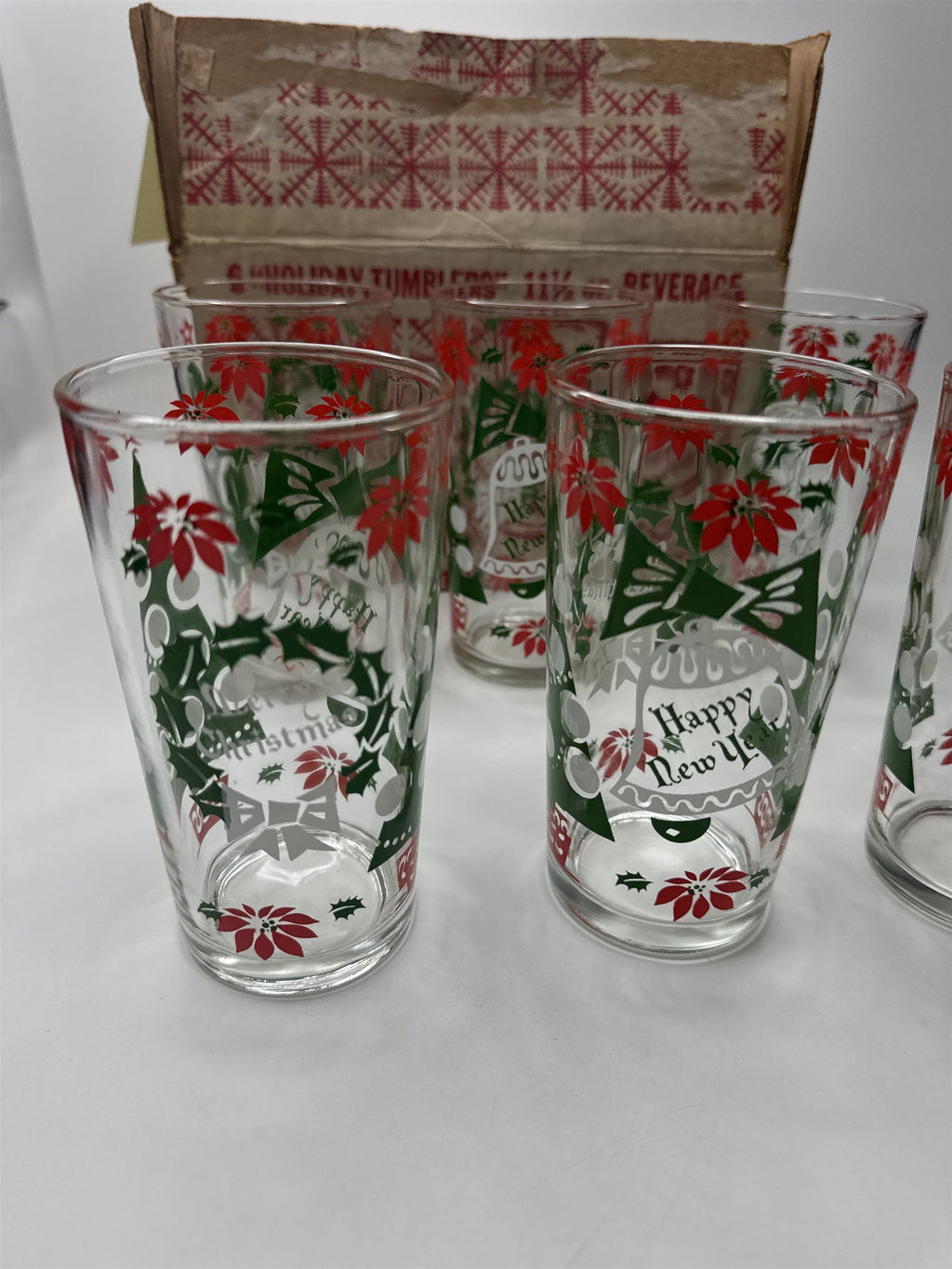 Set of 6 Vintage MCM Christmas Holiday Tumblers 11-1/2 oz Groovy Xmas New Years