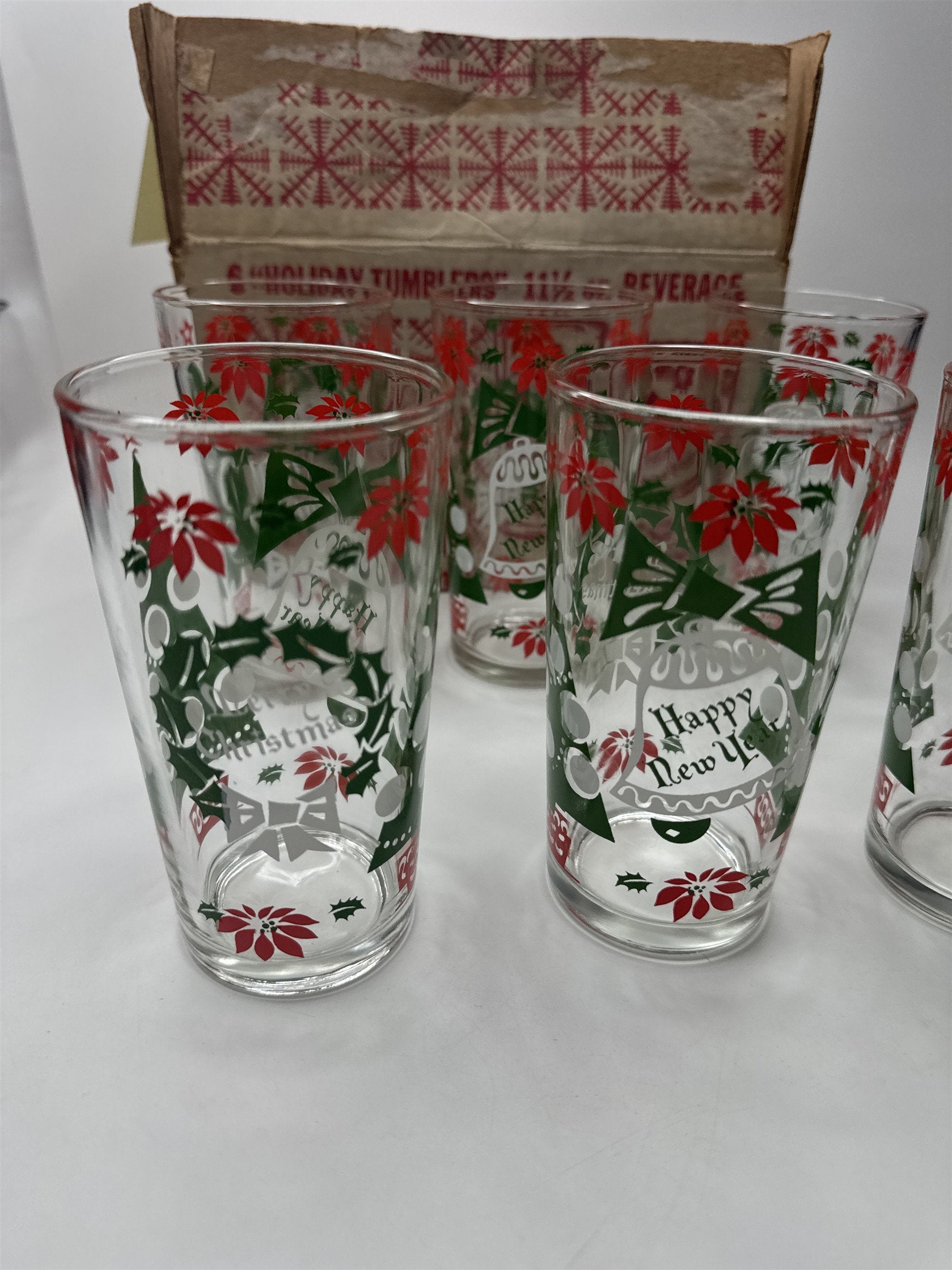 Set of 6 Vintage MCM Christmas Holiday Tumblers 11-1/2 oz Groovy Xmas New Years
