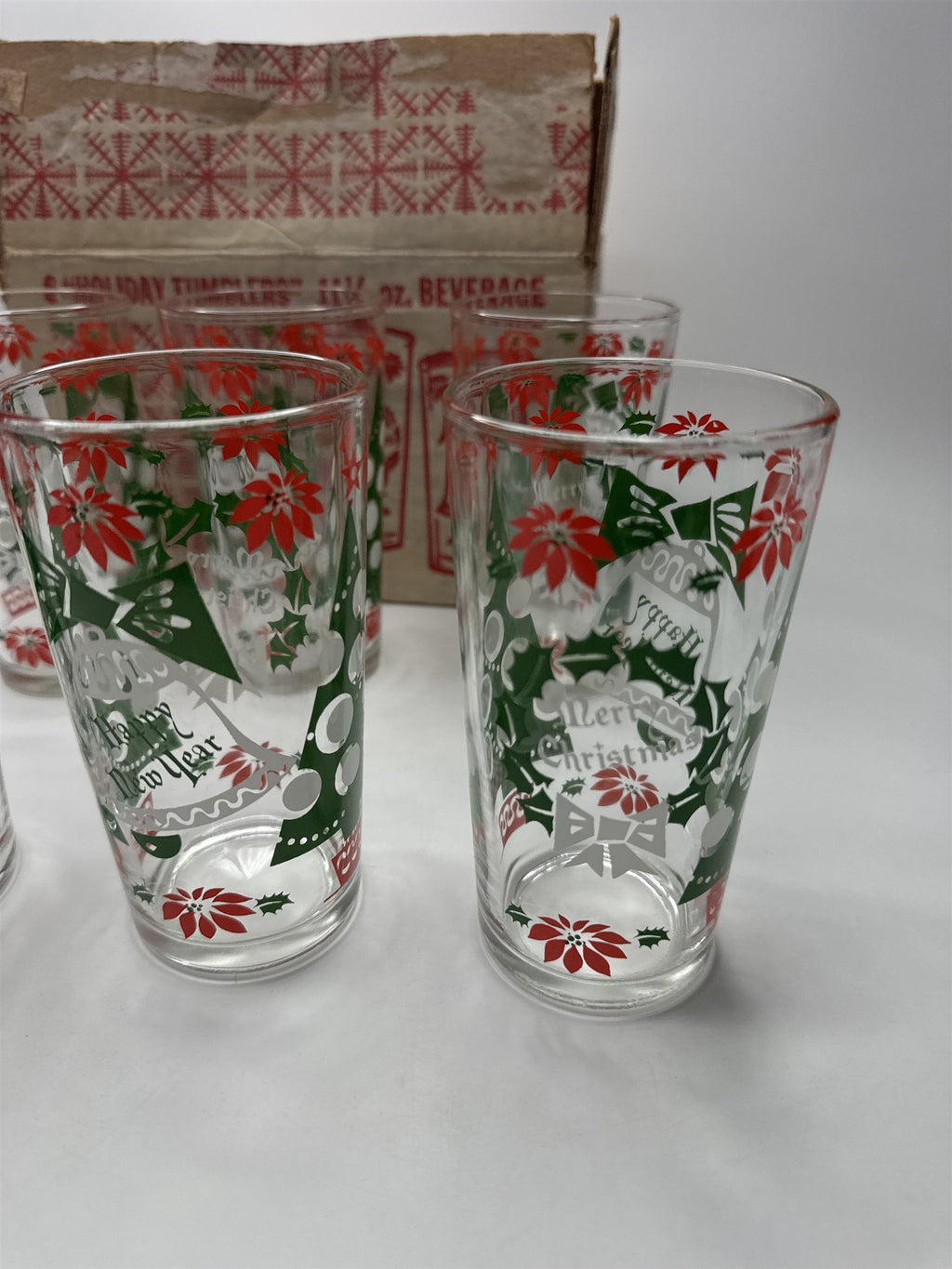 Set of 6 Vintage MCM Christmas Holiday Tumblers 11-1/2 oz Groovy Xmas New Years