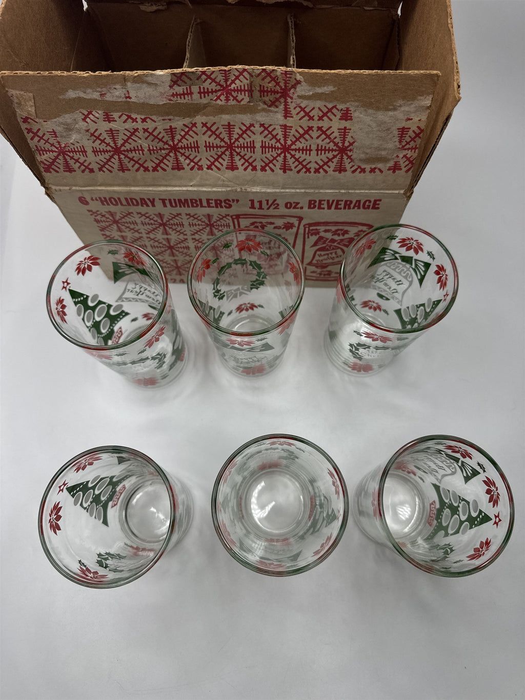Set of 6 Vintage MCM Christmas Holiday Tumblers 11-1/2 oz Groovy Xmas New Years