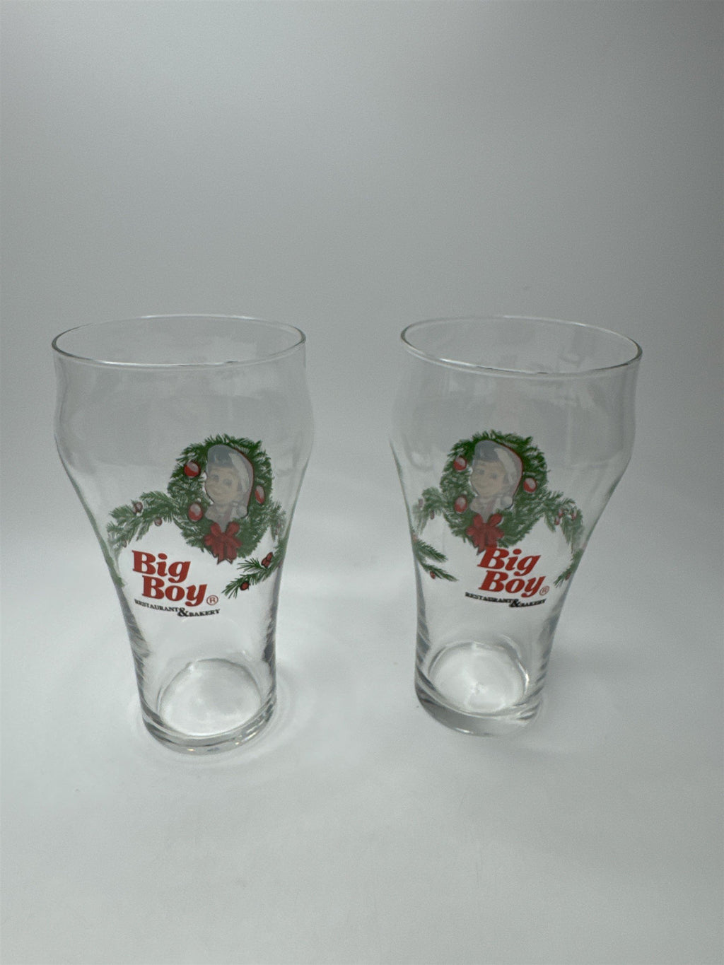 Set of 2 Vintage 6" Tall Big Boy Restaurant Wreath Drinking Glasses Christmas