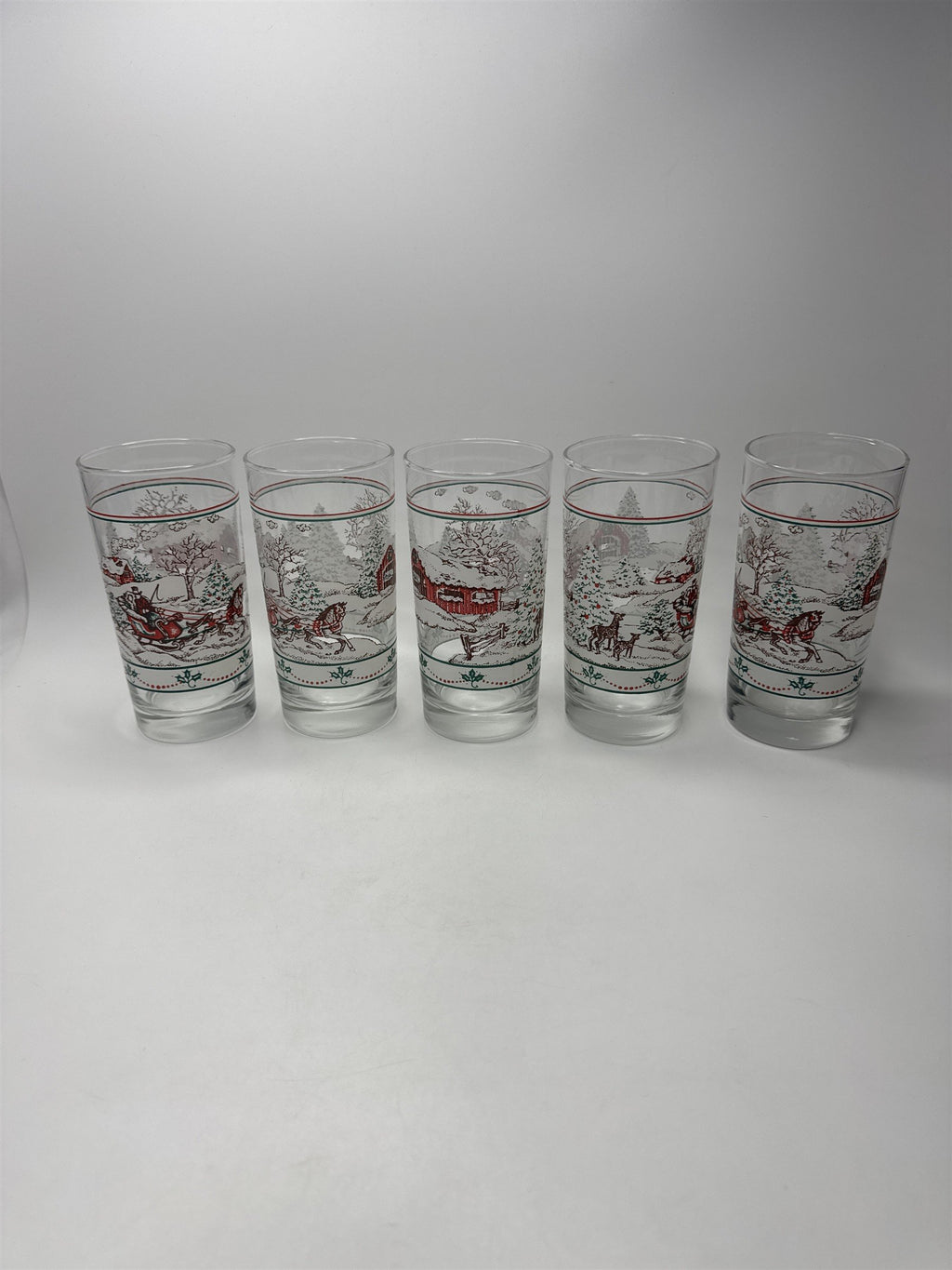 Set of 5 Vintage Home Interiors Sleighride Embossed Winter Scene Glasses