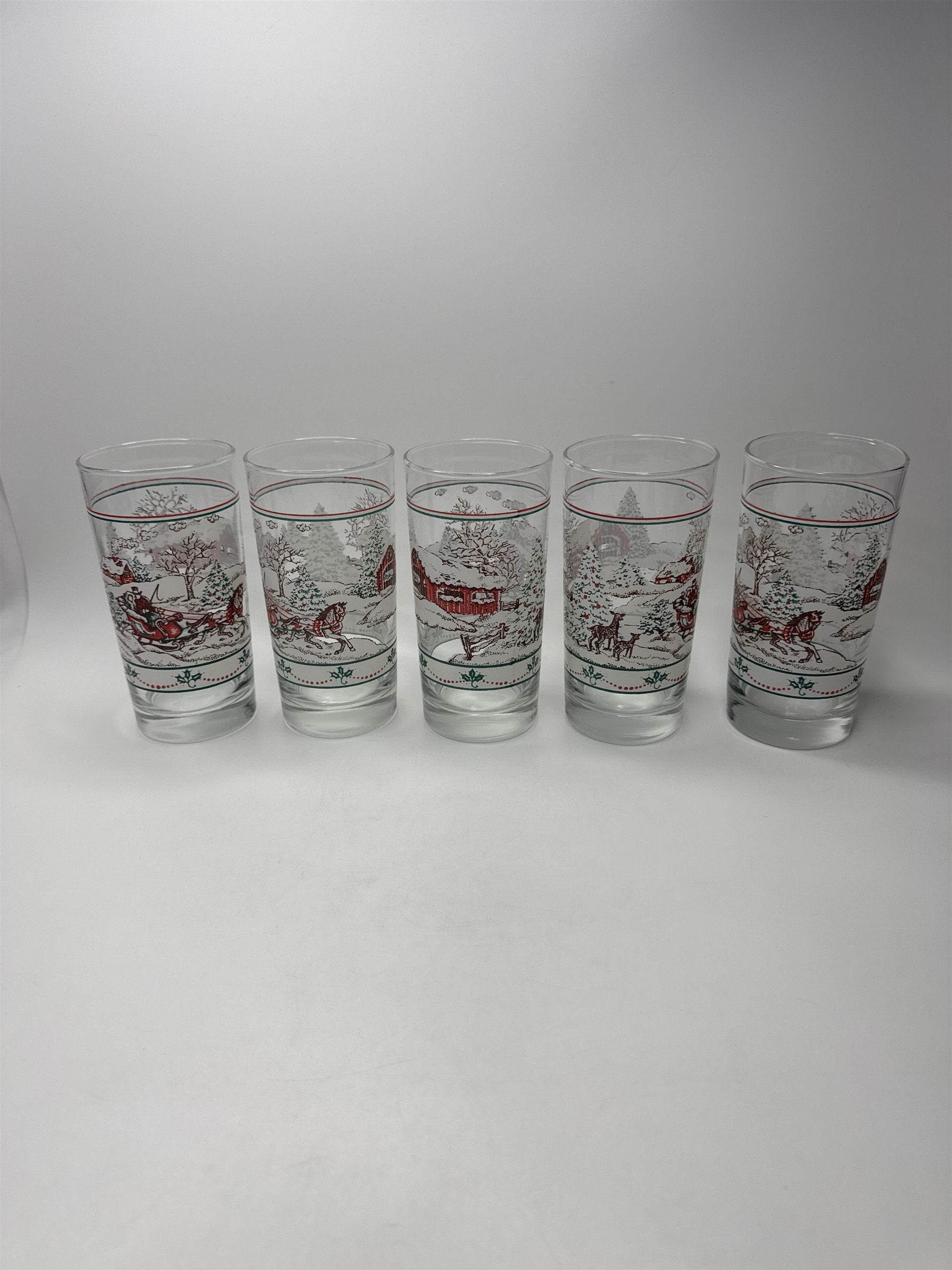 Set of 5 Vintage Home Interiors Sleighride Embossed Winter Scene Glasses