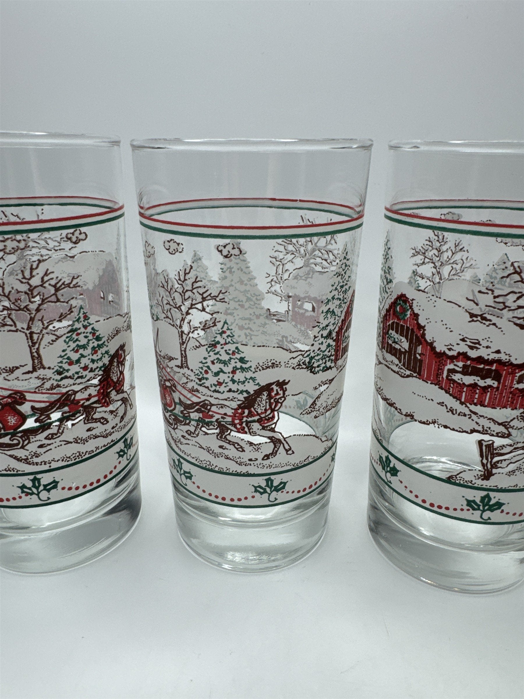 Set of 5 Vintage Home Interiors Sleighride Embossed Winter Scene Glasses