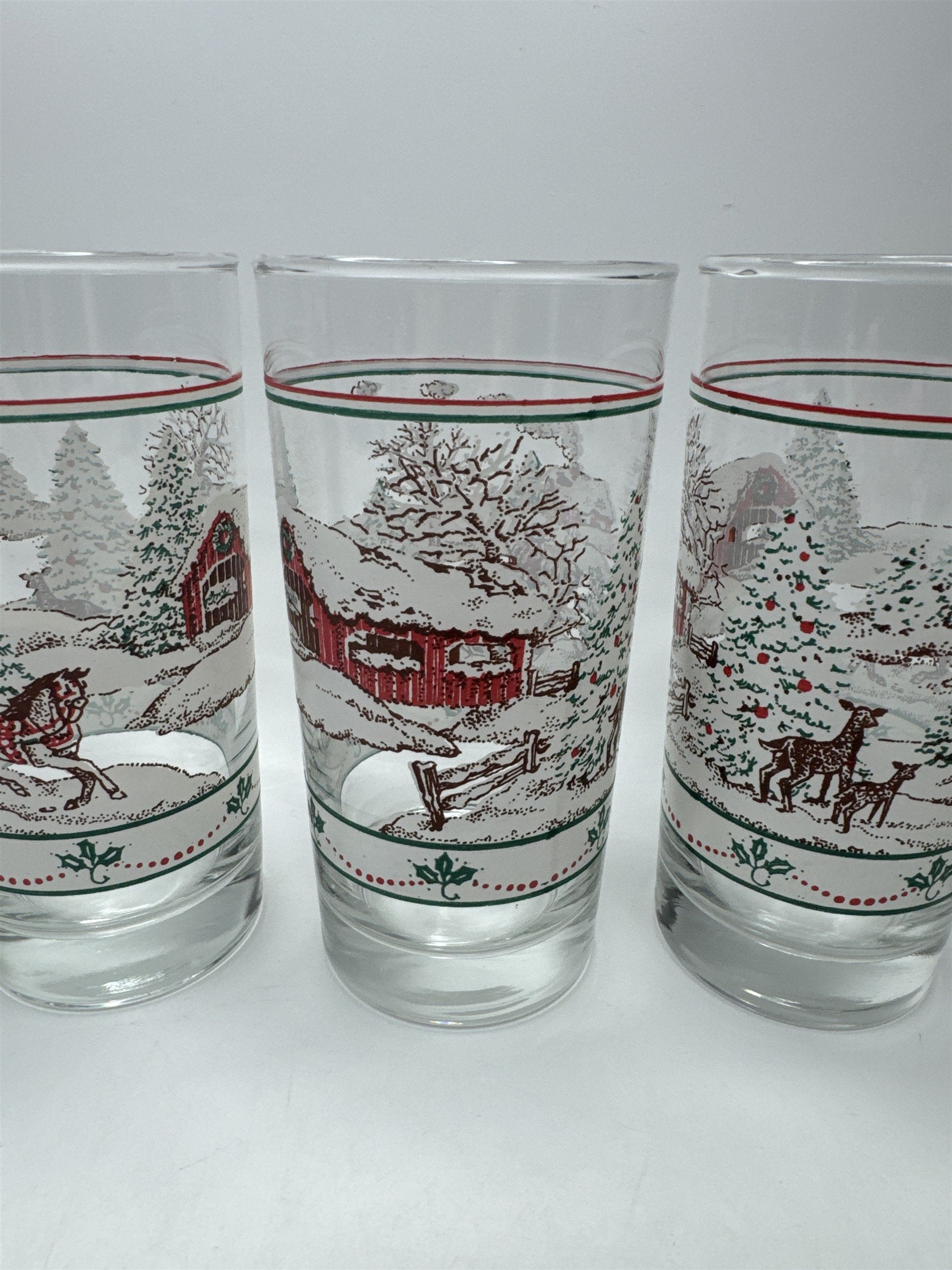 Set of 5 Vintage Home Interiors Sleighride Embossed Winter Scene Glasses