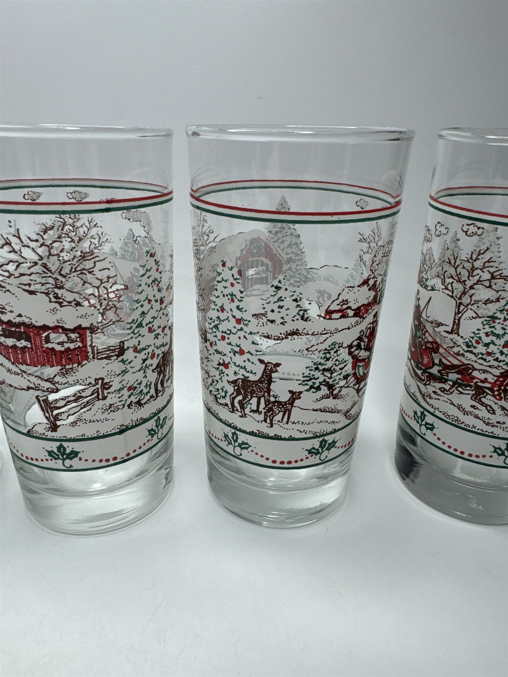 Set of 5 Vintage Home Interiors Sleighride Embossed Winter Scene Glasses