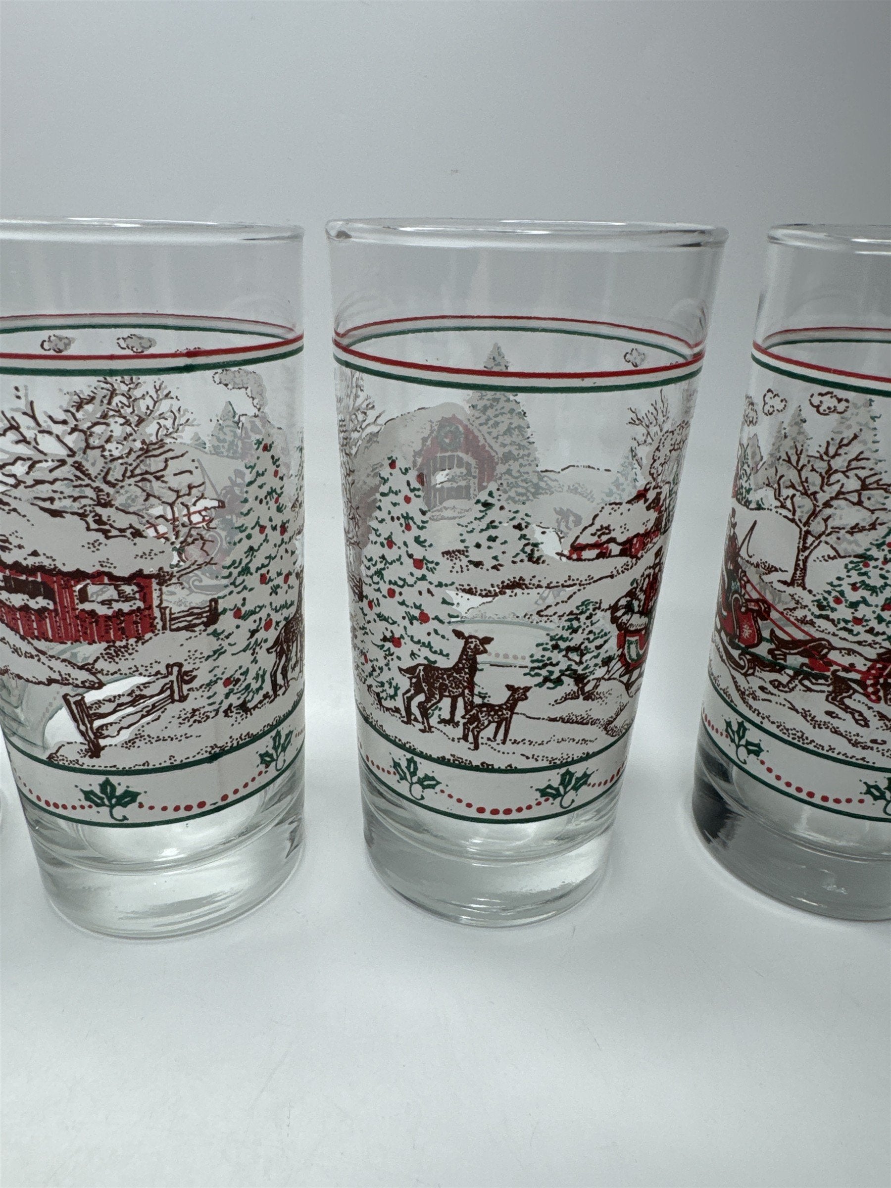 Set of 5 Vintage Home Interiors Sleighride Embossed Winter Scene Glasses