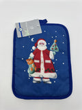 Set Of Two Blue Christmas Pot Holders W/ Santa Clause, A Tree, And A Stocking