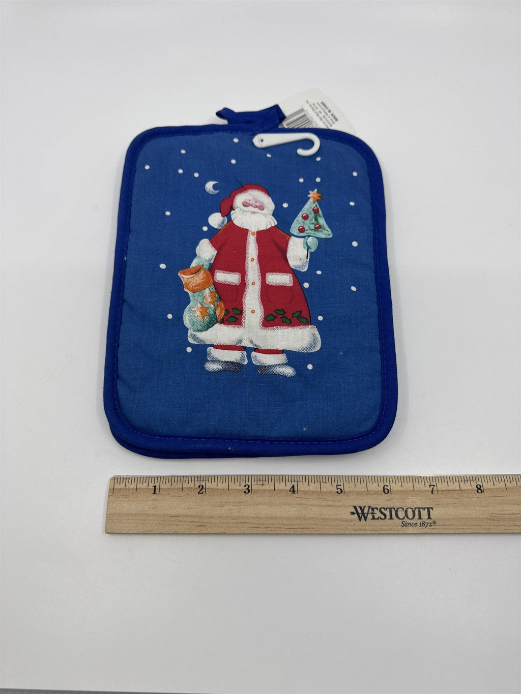 Set Of Two Blue Christmas Pot Holders W/ Santa Clause, A Tree, And A Stocking