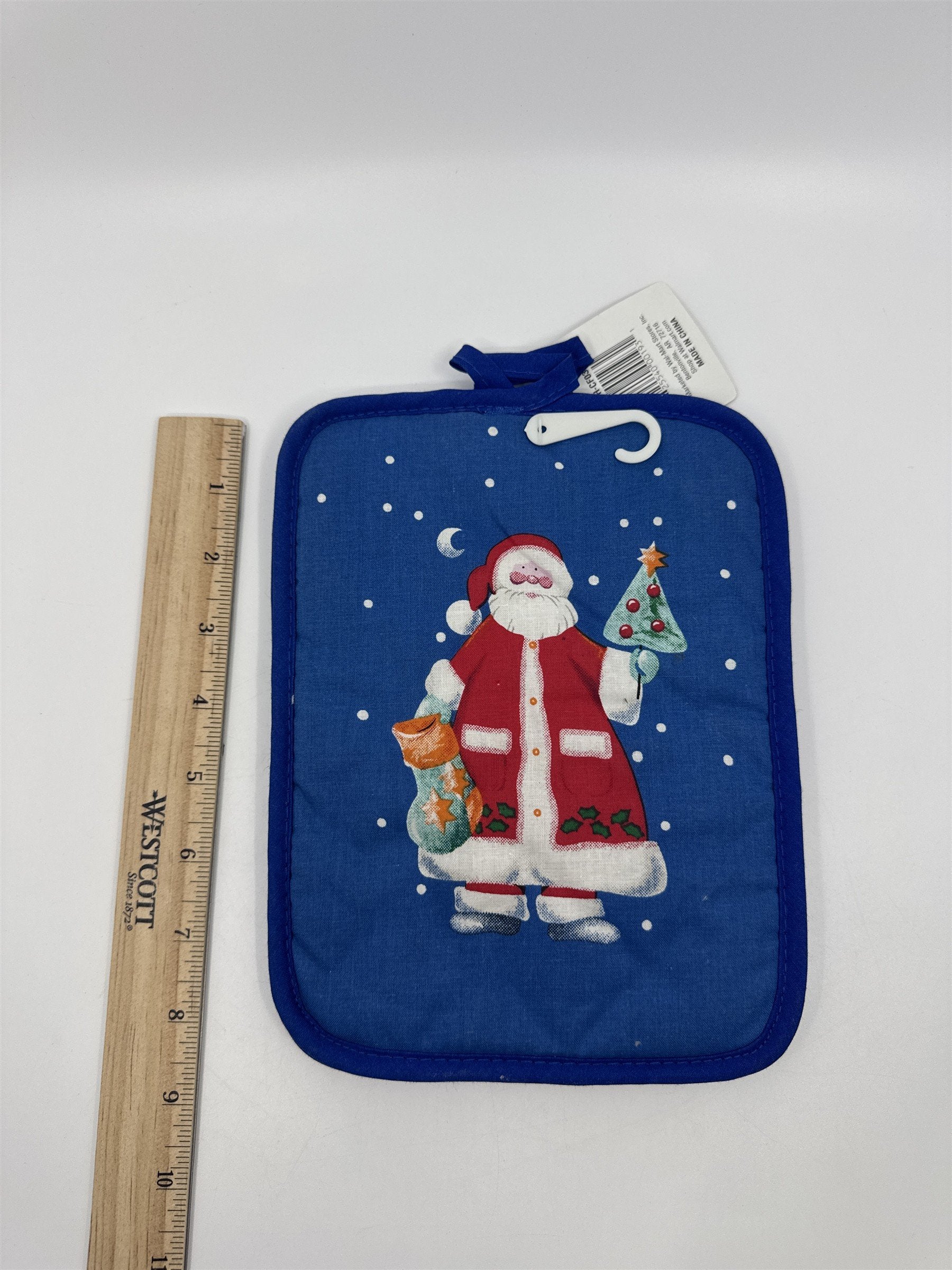 Set Of Two Blue Christmas Pot Holders W/ Santa Clause, A Tree, And A Stocking