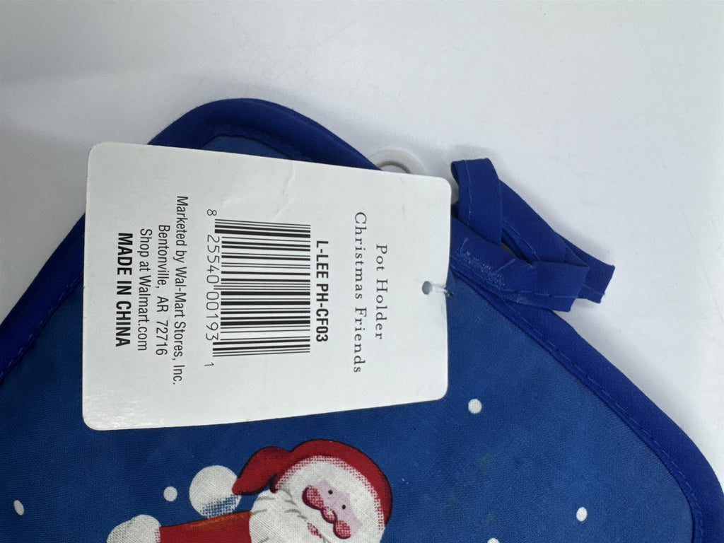 Set Of Two Blue Christmas Pot Holders W/ Santa Clause, A Tree, And A Stocking