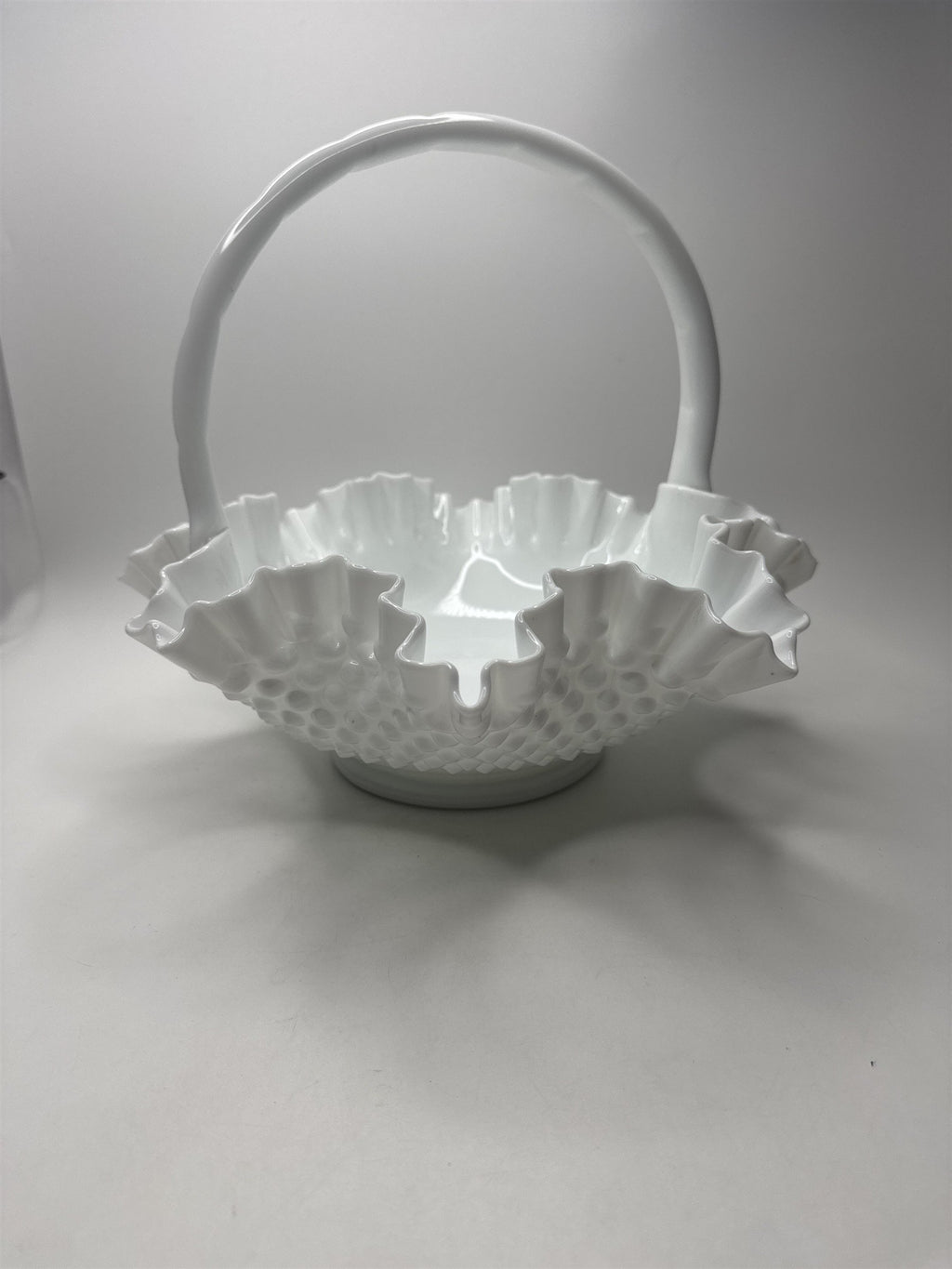 Fenton Hobnail Milk Glass Brides Basket /w Roped Handle Ruffled Edge Basket