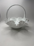 Fenton Hobnail Milk Glass Brides Basket /w Roped Handle Ruffled Edge Basket