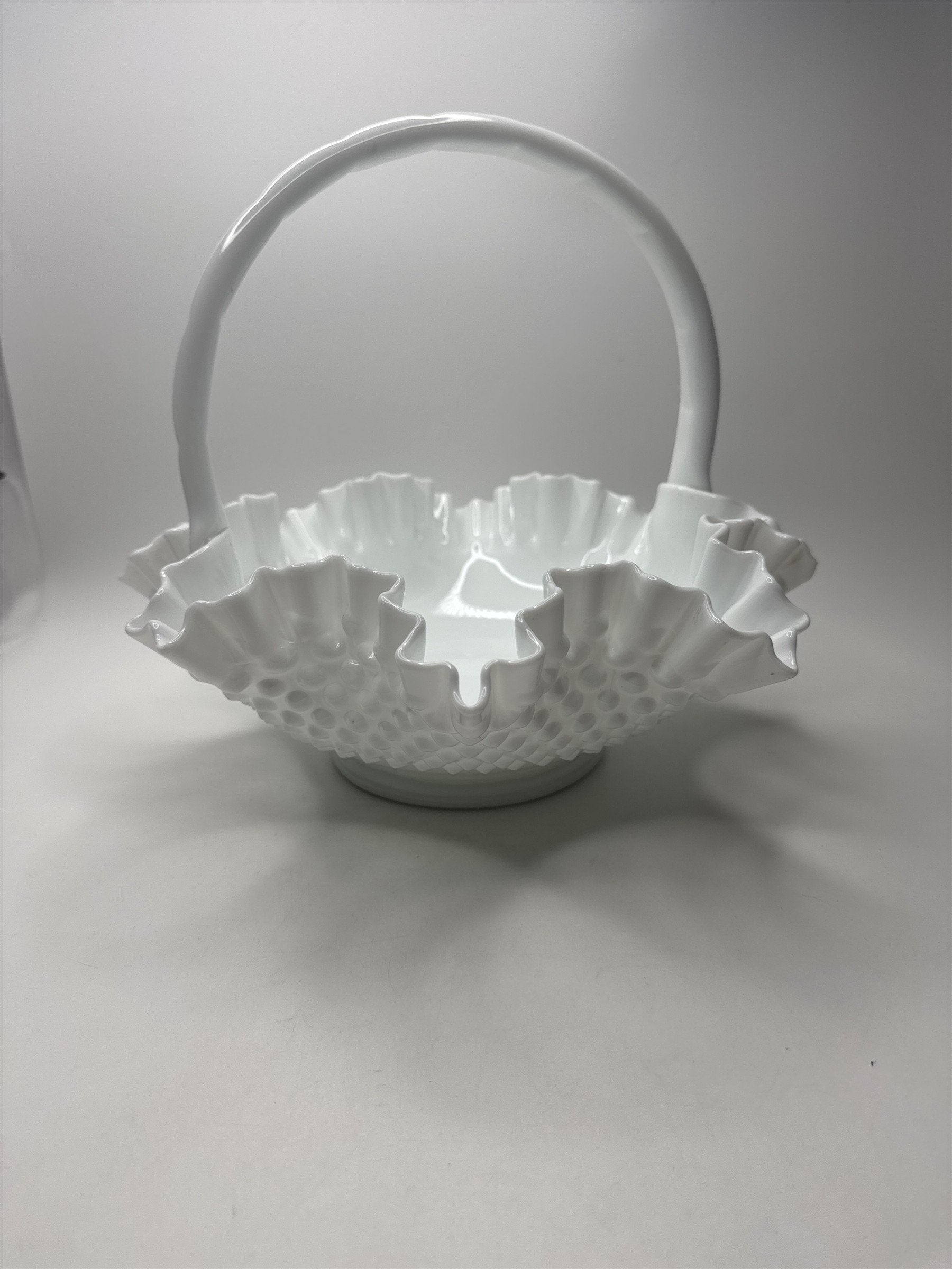 Fenton Hobnail Milk Glass Brides Basket /w Roped Handle Ruffled Edge Basket