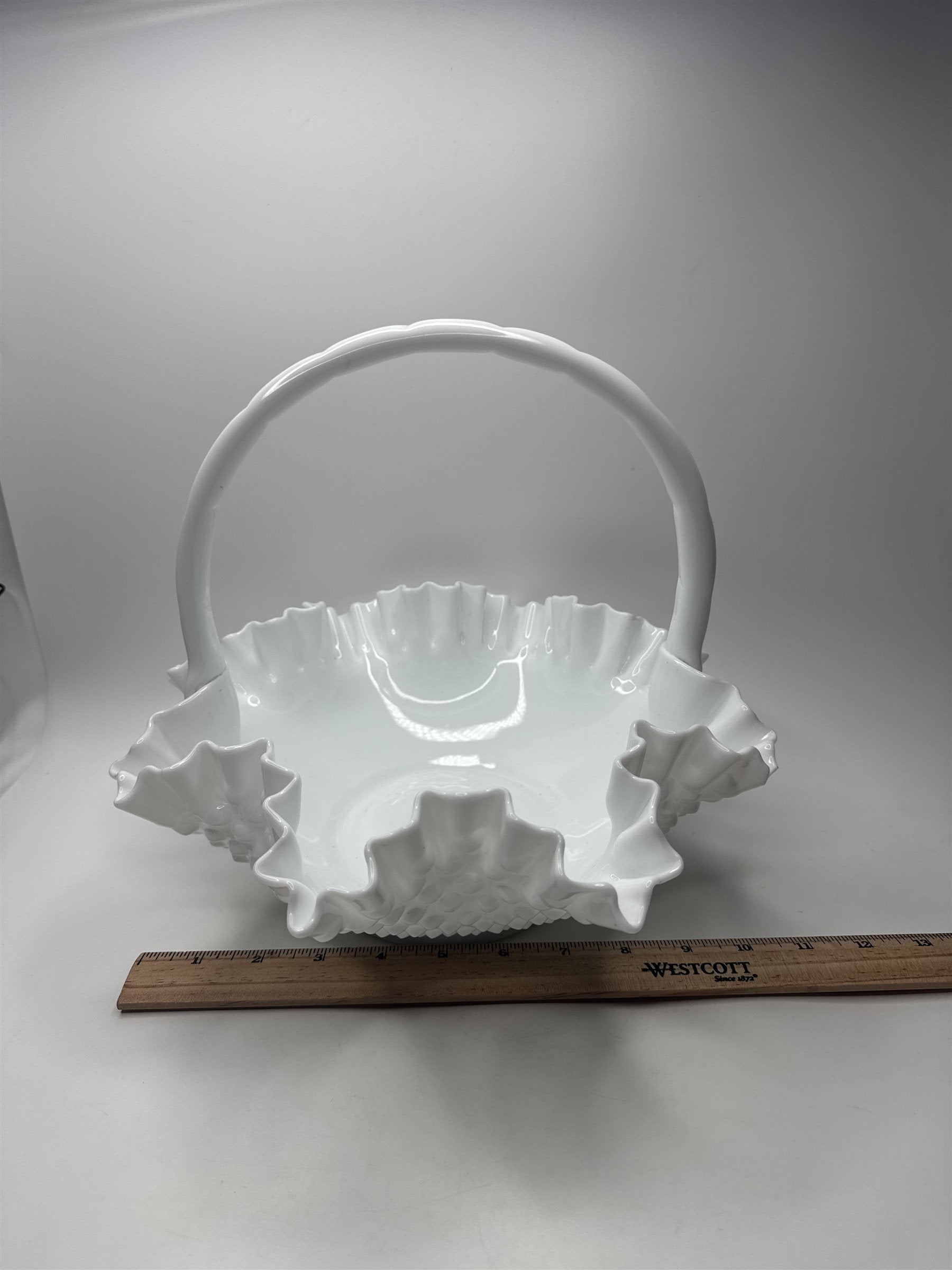 Fenton Hobnail Milk Glass Brides Basket /w Roped Handle Ruffled Edge Basket
