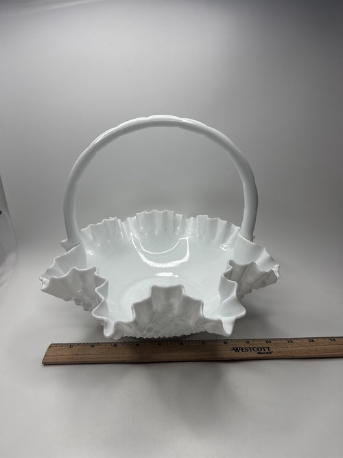 Fenton Hobnail Milk Glass Brides Basket /w Roped Handle Ruffled Edge Basket