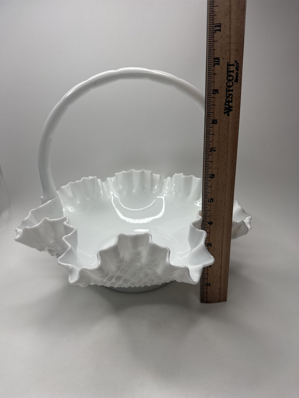 Fenton Hobnail Milk Glass Brides Basket /w Roped Handle Ruffled Edge Basket
