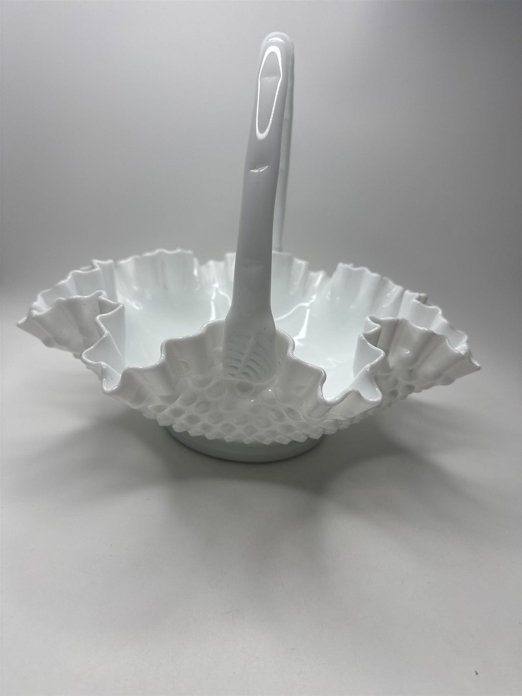Fenton Hobnail Milk Glass Brides Basket /w Roped Handle Ruffled Edge Basket