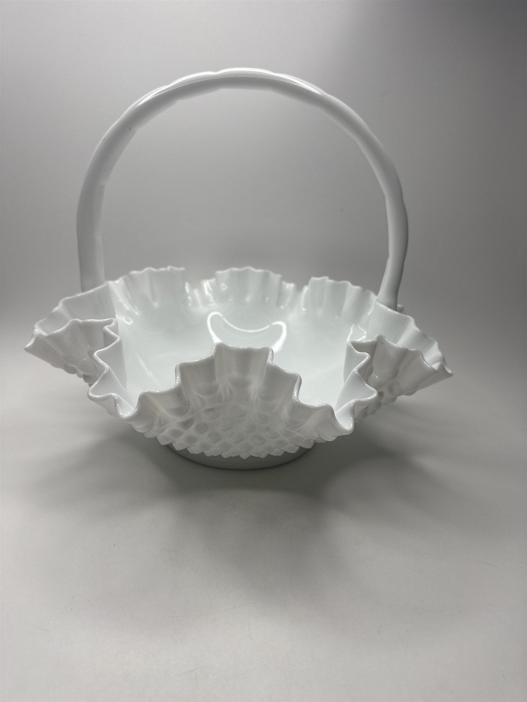 Fenton Hobnail Milk Glass Brides Basket /w Roped Handle Ruffled Edge Basket