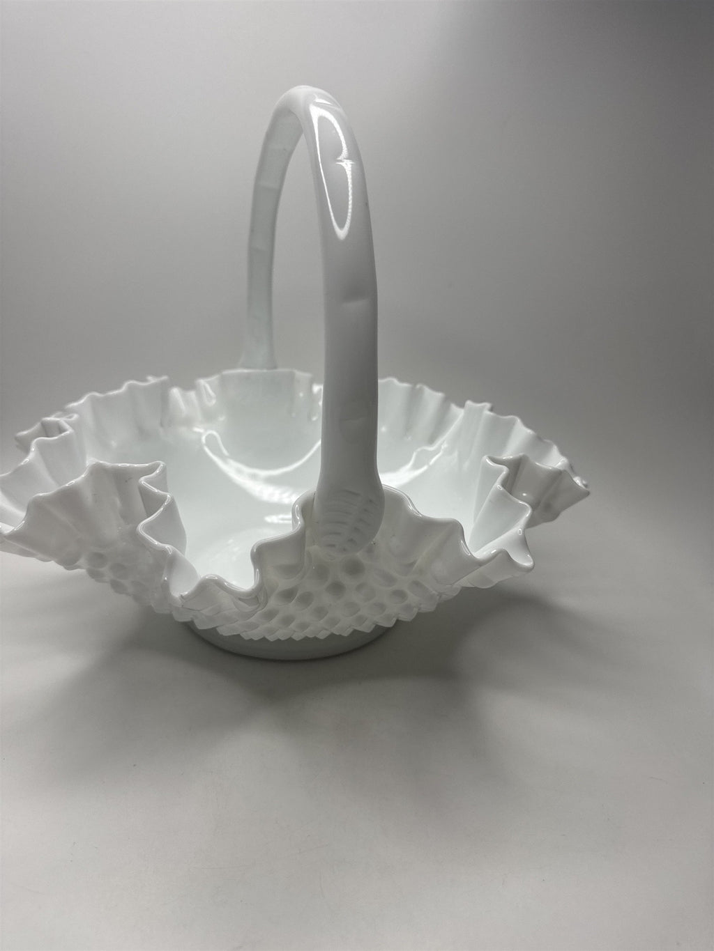 Fenton Hobnail Milk Glass Brides Basket /w Roped Handle Ruffled Edge Basket