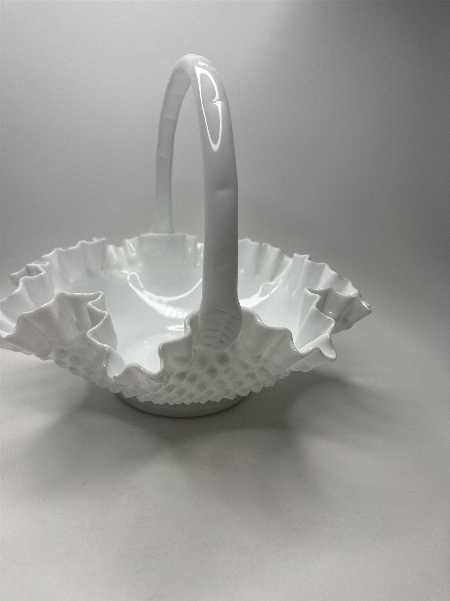 Fenton Hobnail Milk Glass Brides Basket /w Roped Handle Ruffled Edge Basket