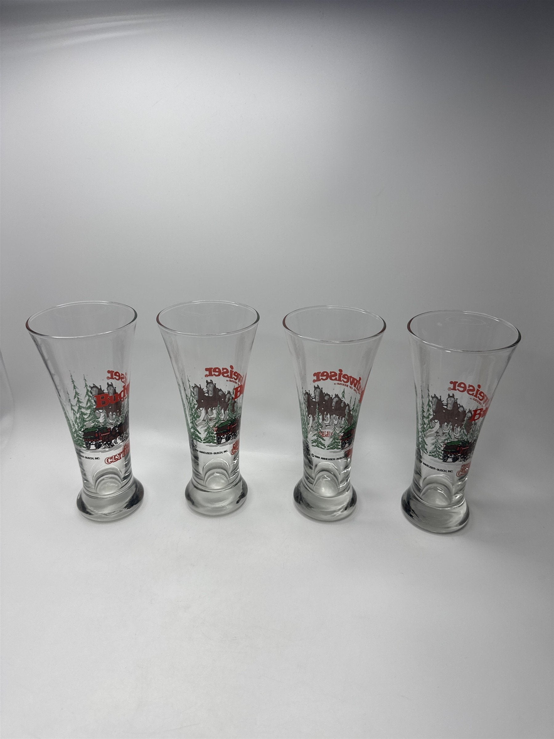 Set of 4 Vintage 1989 Budweiser Pilsner Beer Glasses Clydesdale Christmas Winter