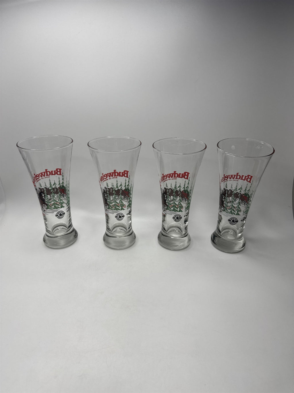 Set of 4 Vintage 1989 Budweiser Pilsner Beer Glasses Clydesdale Christmas Winter