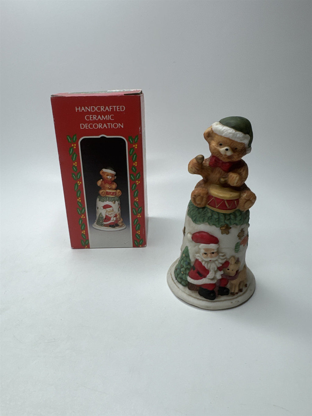 Vintage Santa Claus Ringing Bell Dinner Bell Handcrafted Ceramic Teddy Bear Drum
