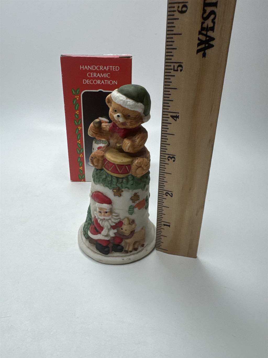 Vintage Santa Claus Ringing Bell Dinner Bell Handcrafted Ceramic Teddy Bear Drum