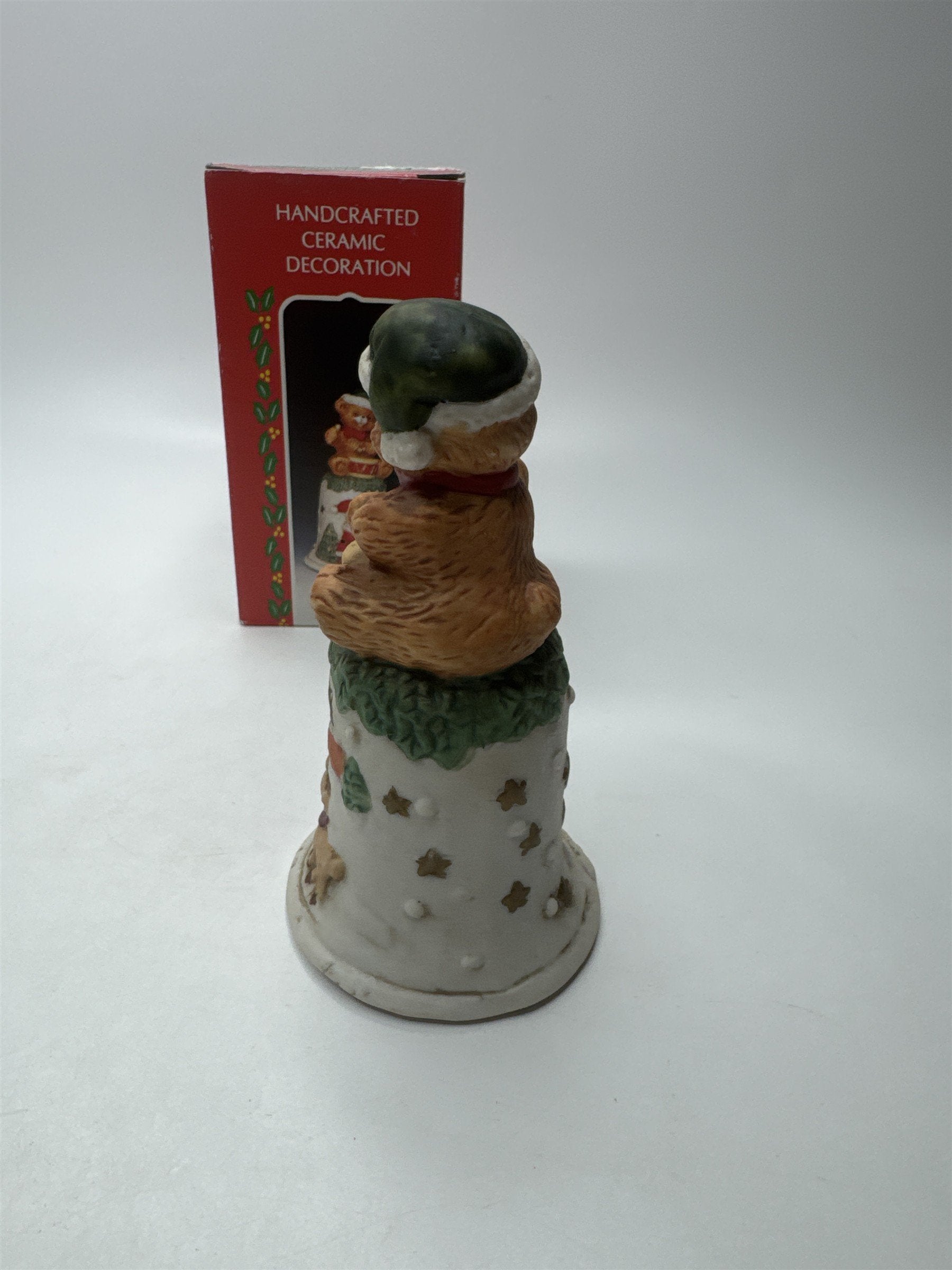 Vintage Santa Claus Ringing Bell Dinner Bell Handcrafted Ceramic Teddy Bear Drum