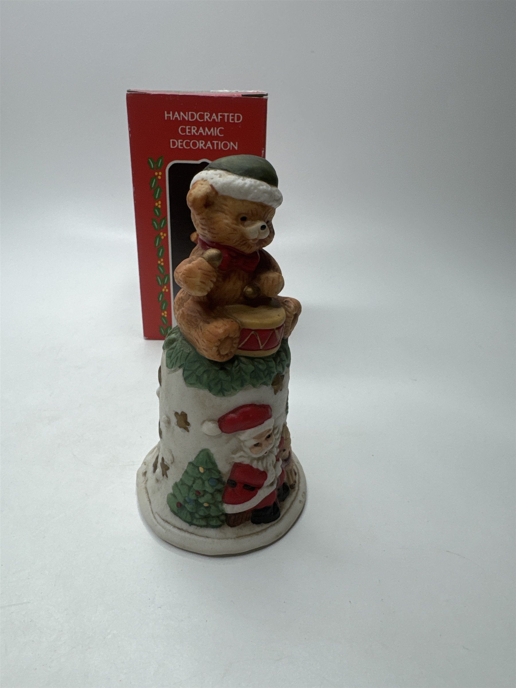 Vintage Santa Claus Ringing Bell Dinner Bell Handcrafted Ceramic Teddy Bear Drum