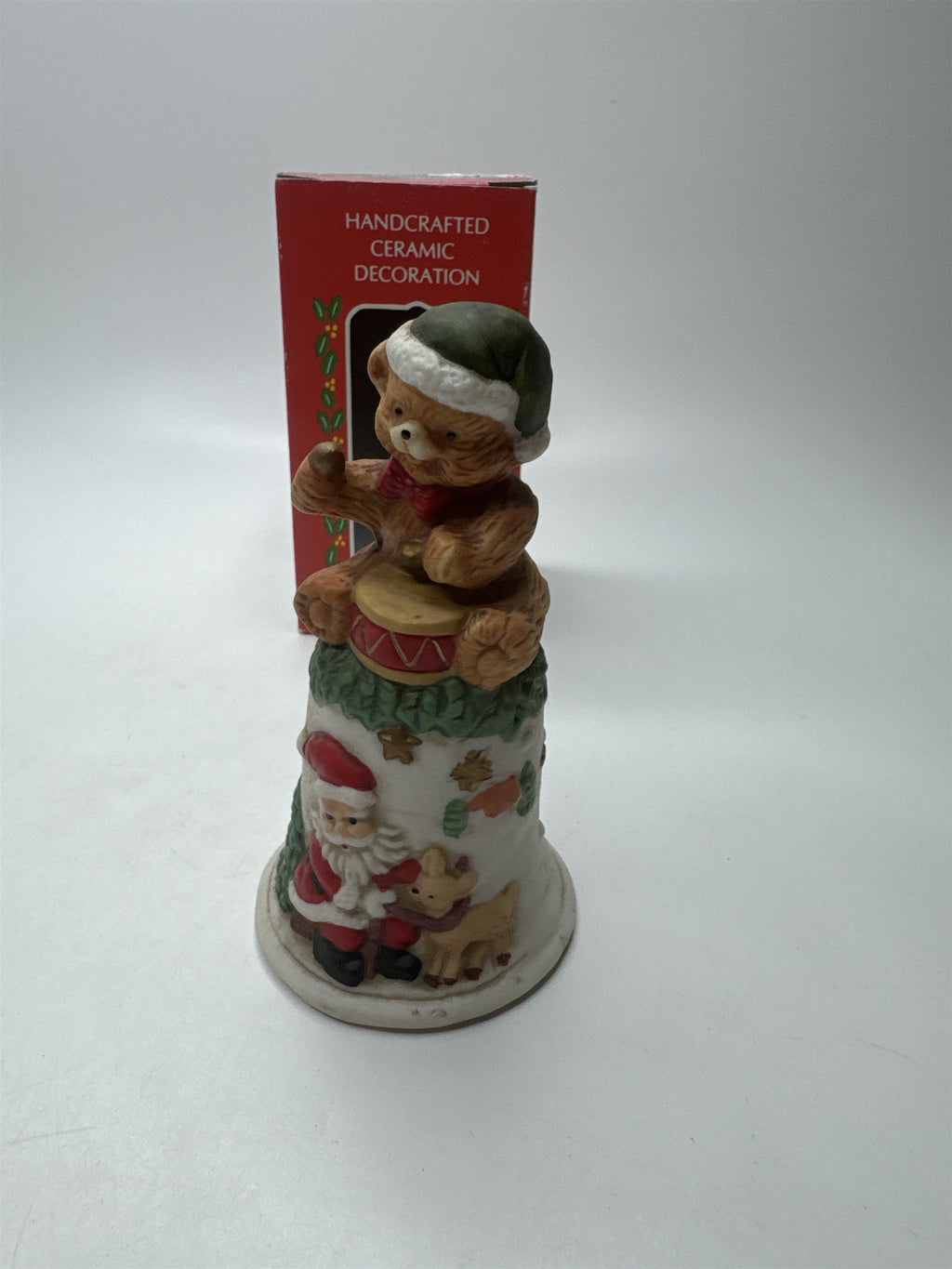 Vintage Santa Claus Ringing Bell Dinner Bell Handcrafted Ceramic Teddy Bear Drum