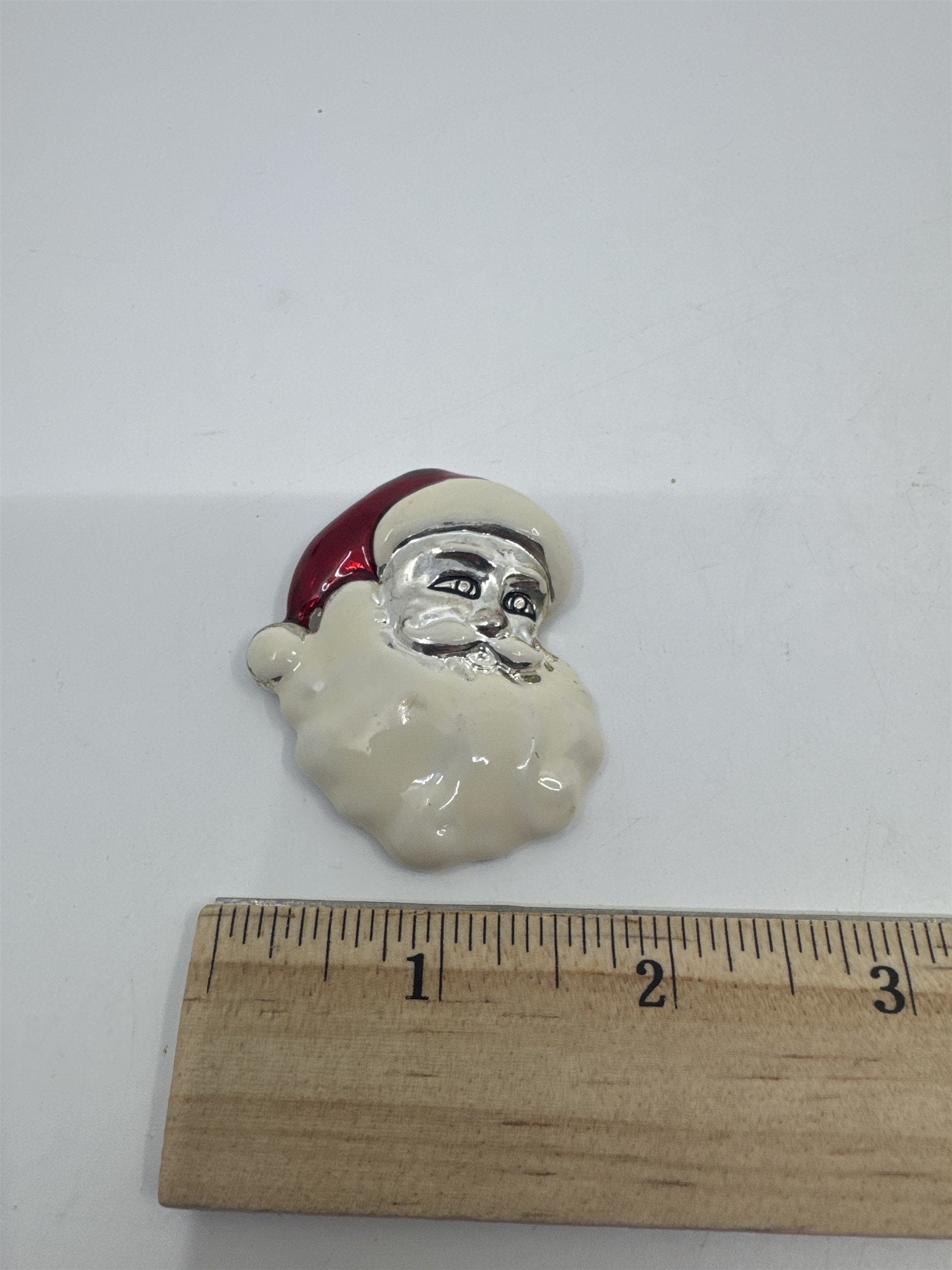 Vintage Silver Santa Clause Christmas Enamel Brooch Holiday Pin