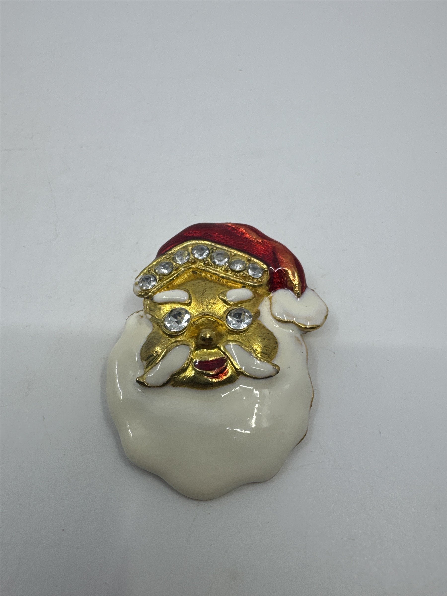 Vintage Gold Toned Rhinestone Santa Clause Christmas Enamel Brooch Holiday Pin