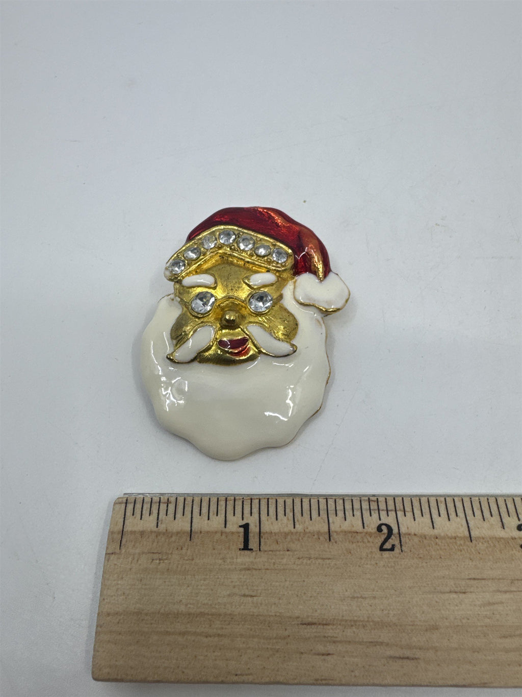 Vintage Gold Toned Rhinestone Santa Clause Christmas Enamel Brooch Holiday Pin
