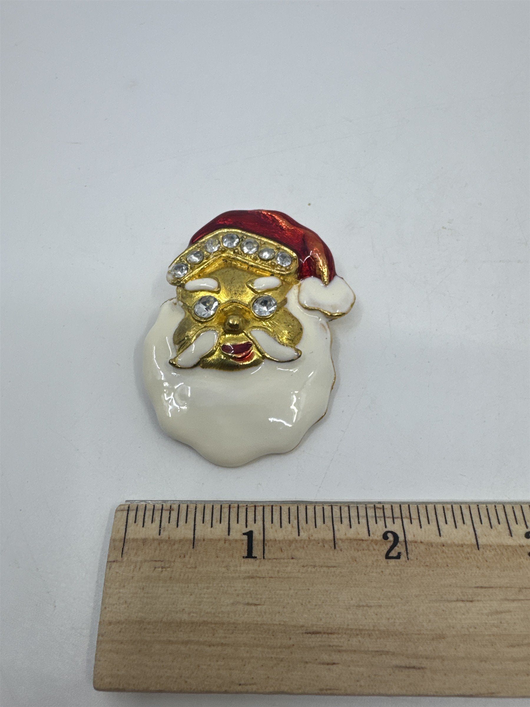 Vintage Gold Toned Rhinestone Santa Clause Christmas Enamel Brooch Holiday Pin