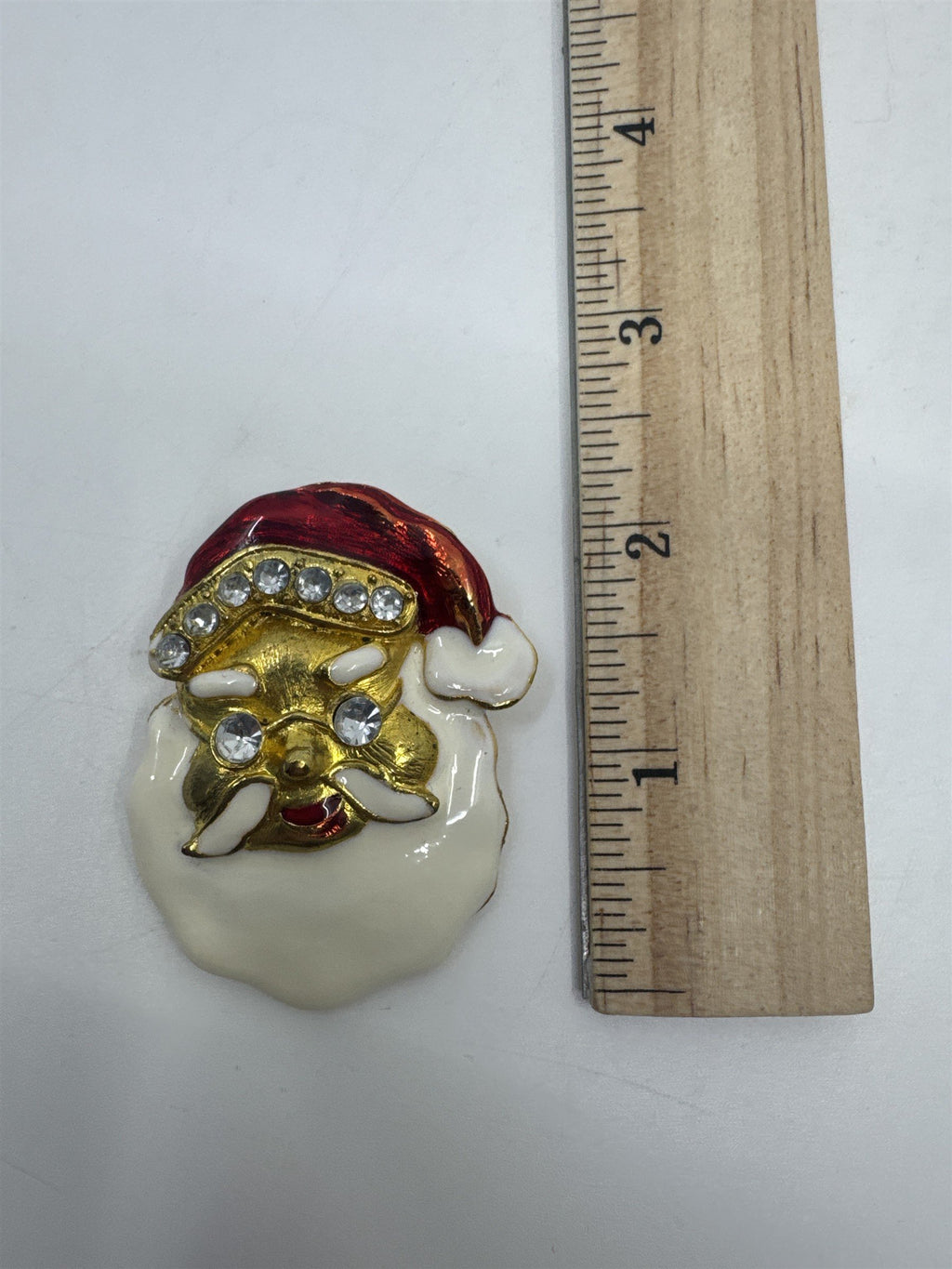 Vintage Gold Toned Rhinestone Santa Clause Christmas Enamel Brooch Holiday Pin