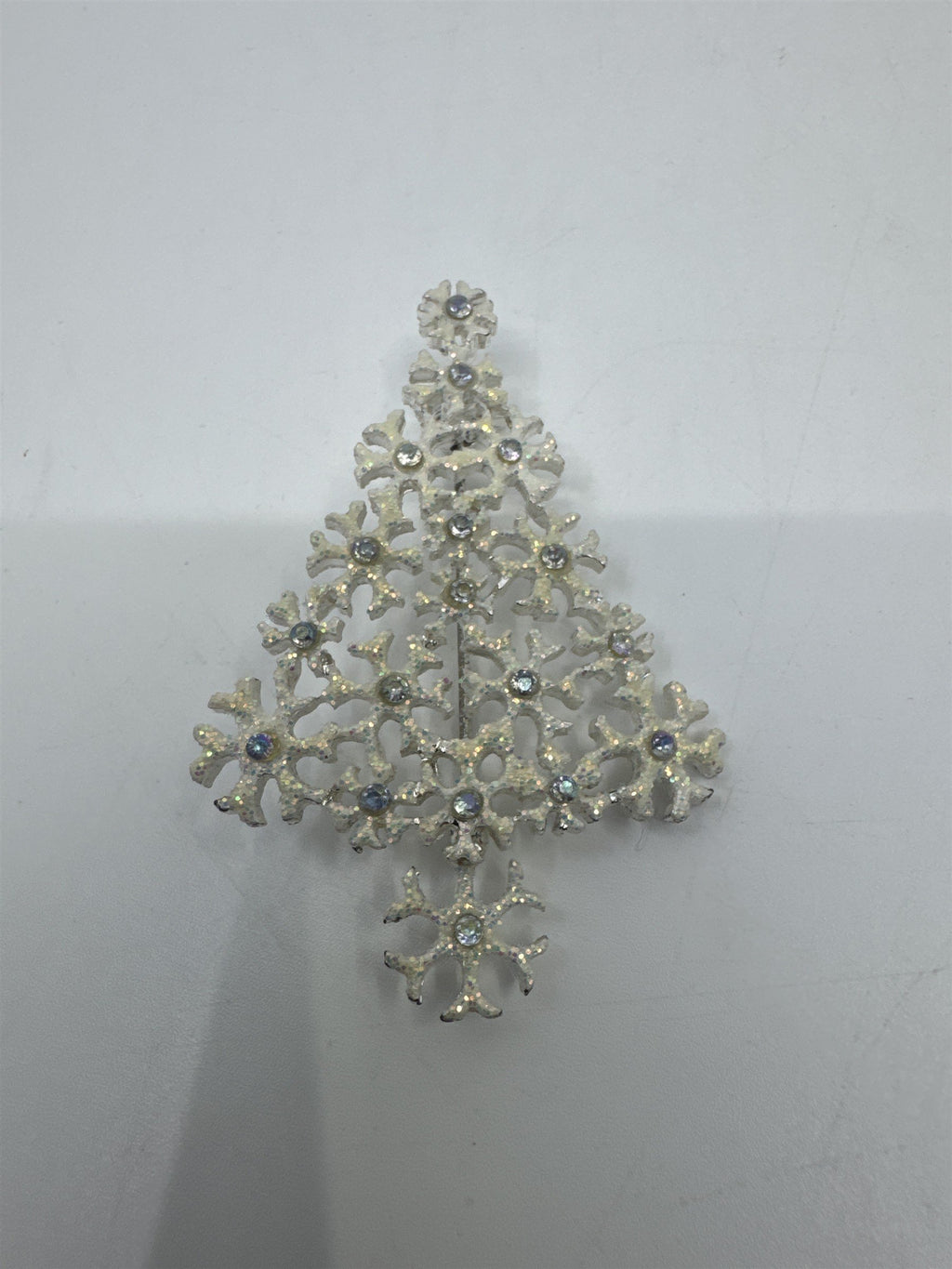 Vintage White And Silver Christmas Tree Snowflake Brooch Pin Holiday Jewelry