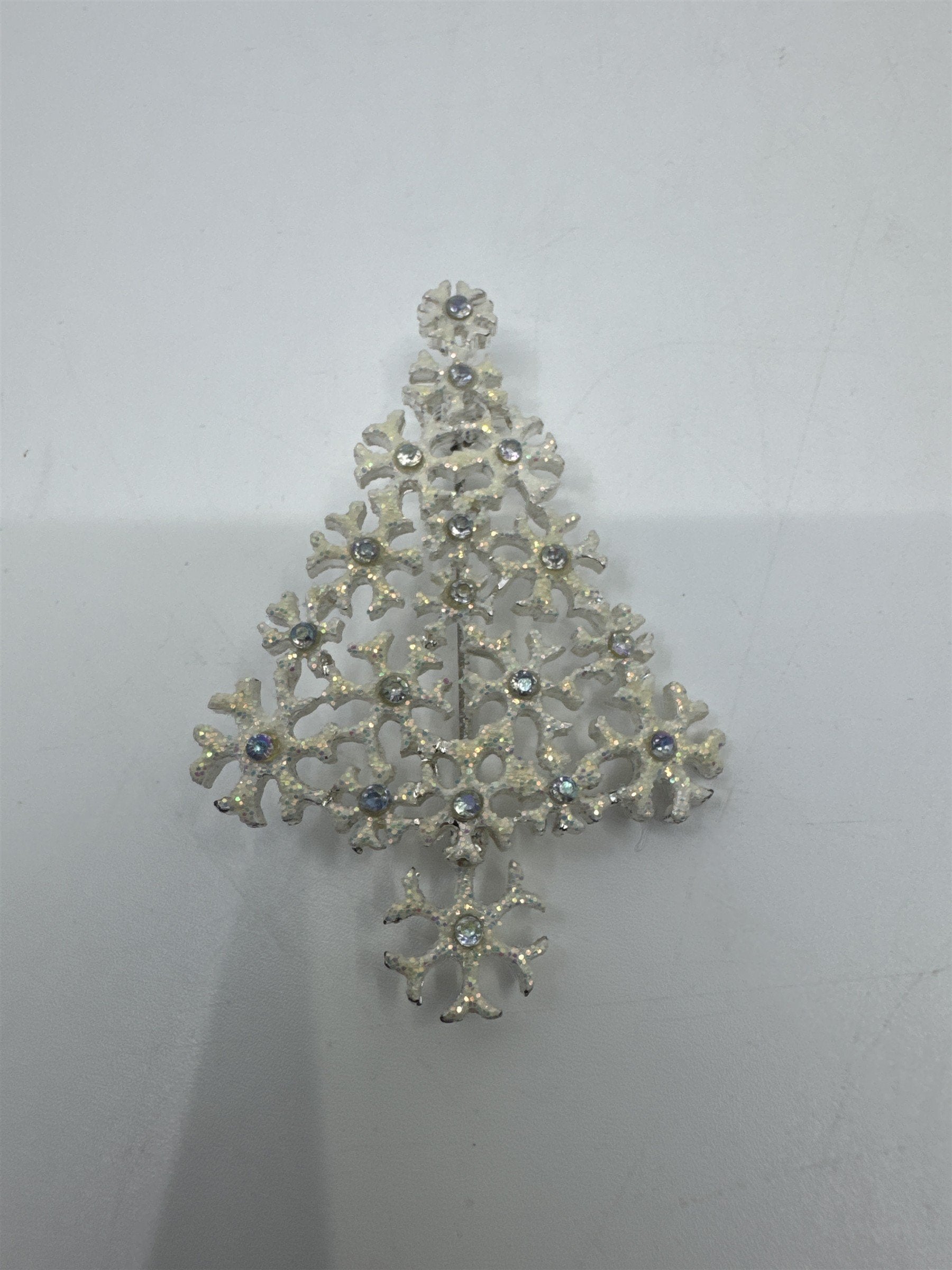 Vintage White And Silver Christmas Tree Snowflake Brooch Pin Holiday Jewelry