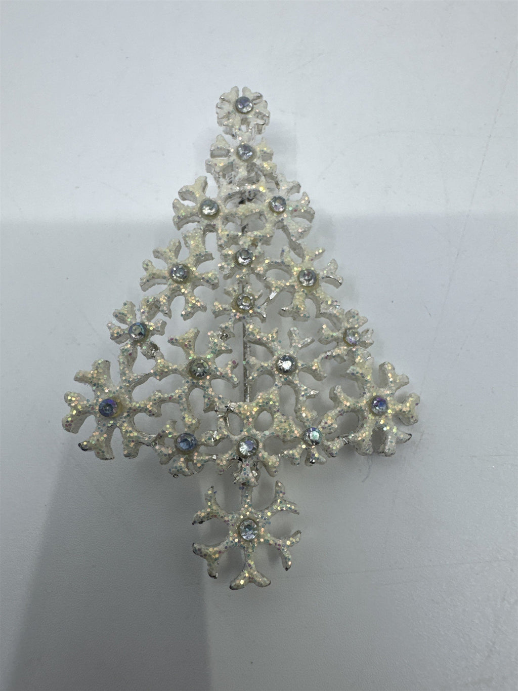 Vintage White And Silver Christmas Tree Snowflake Brooch Pin Holiday Jewelry