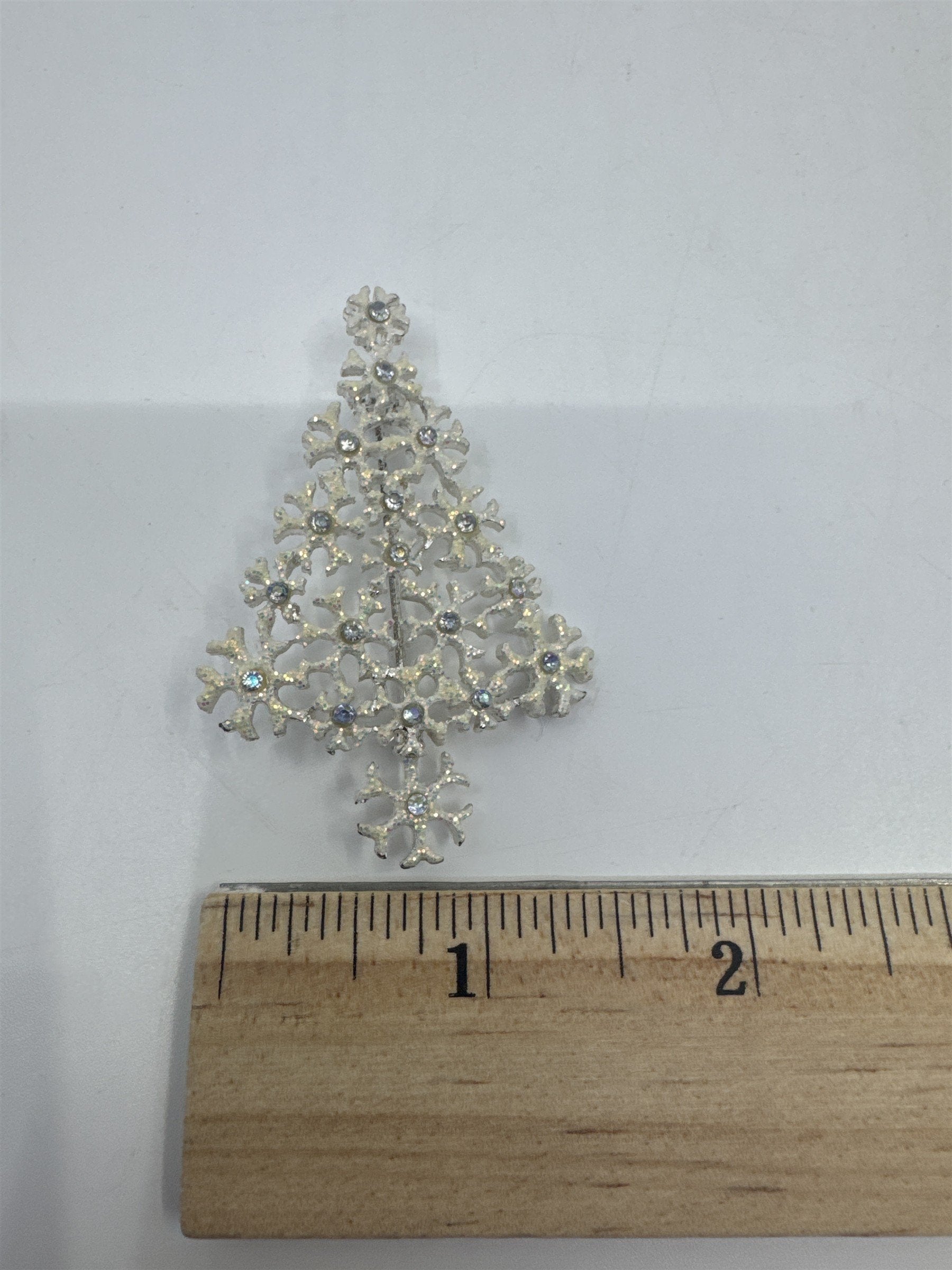 Vintage White And Silver Christmas Tree Snowflake Brooch Pin Holiday Jewelry