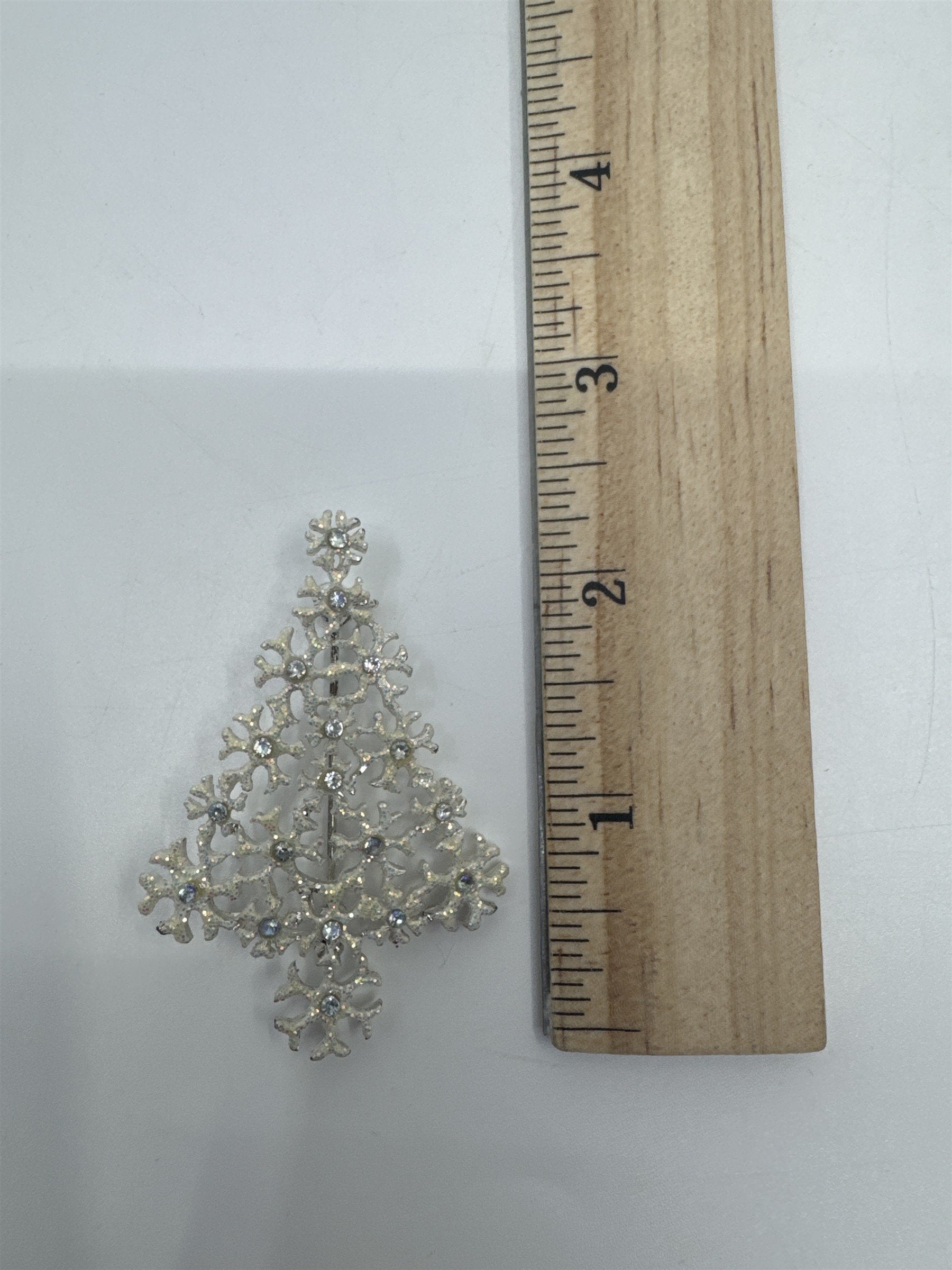 Vintage White And Silver Christmas Tree Snowflake Brooch Pin Holiday Jewelry