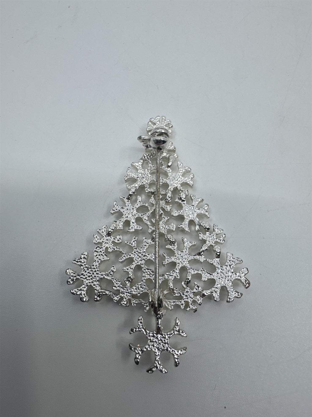 Vintage White And Silver Christmas Tree Snowflake Brooch Pin Holiday Jewelry