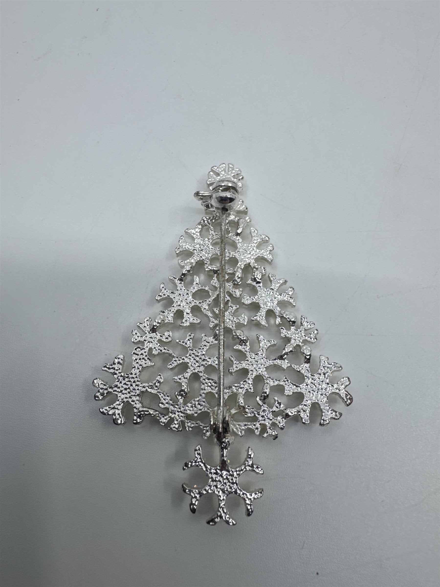 Vintage White And Silver Christmas Tree Snowflake Brooch Pin Holiday Jewelry