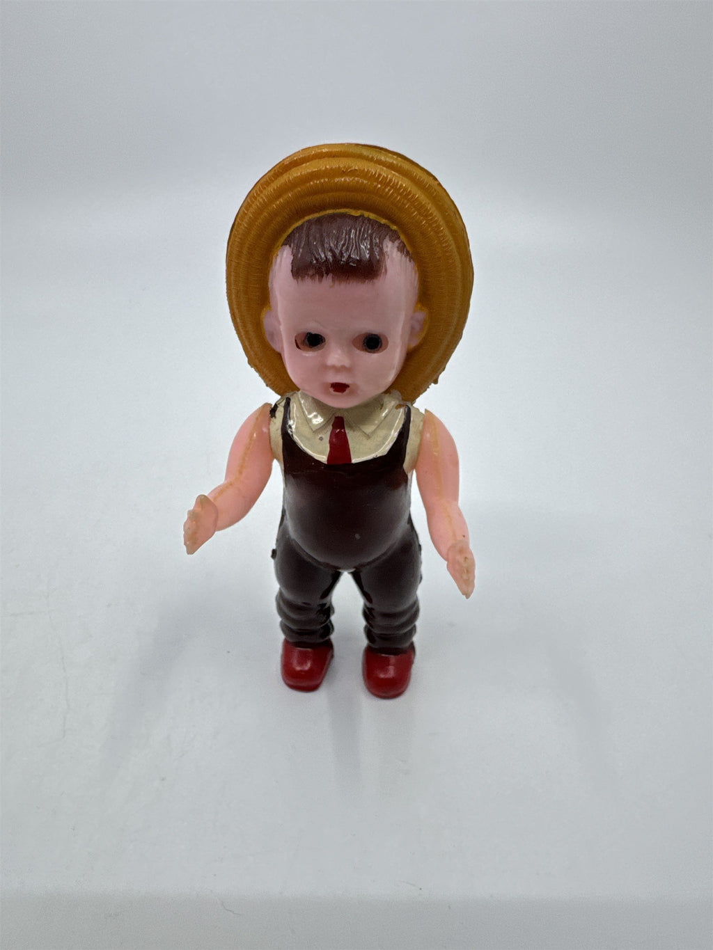 Vintage Plastic Toy Small Farmer Boy W/ Hat Articulating Eyes Hong Kong