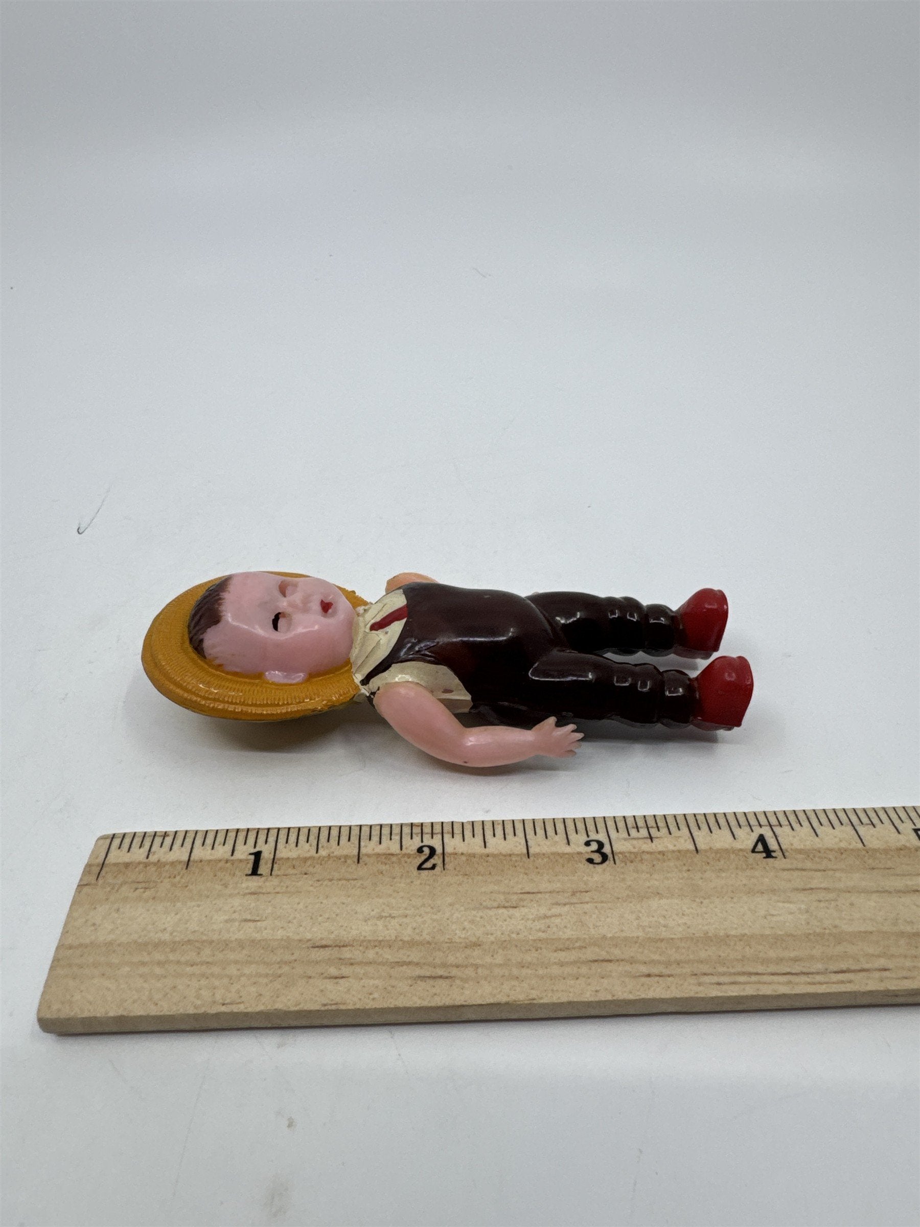Vintage Plastic Toy Small Farmer Boy W/ Hat Articulating Eyes Hong Kong