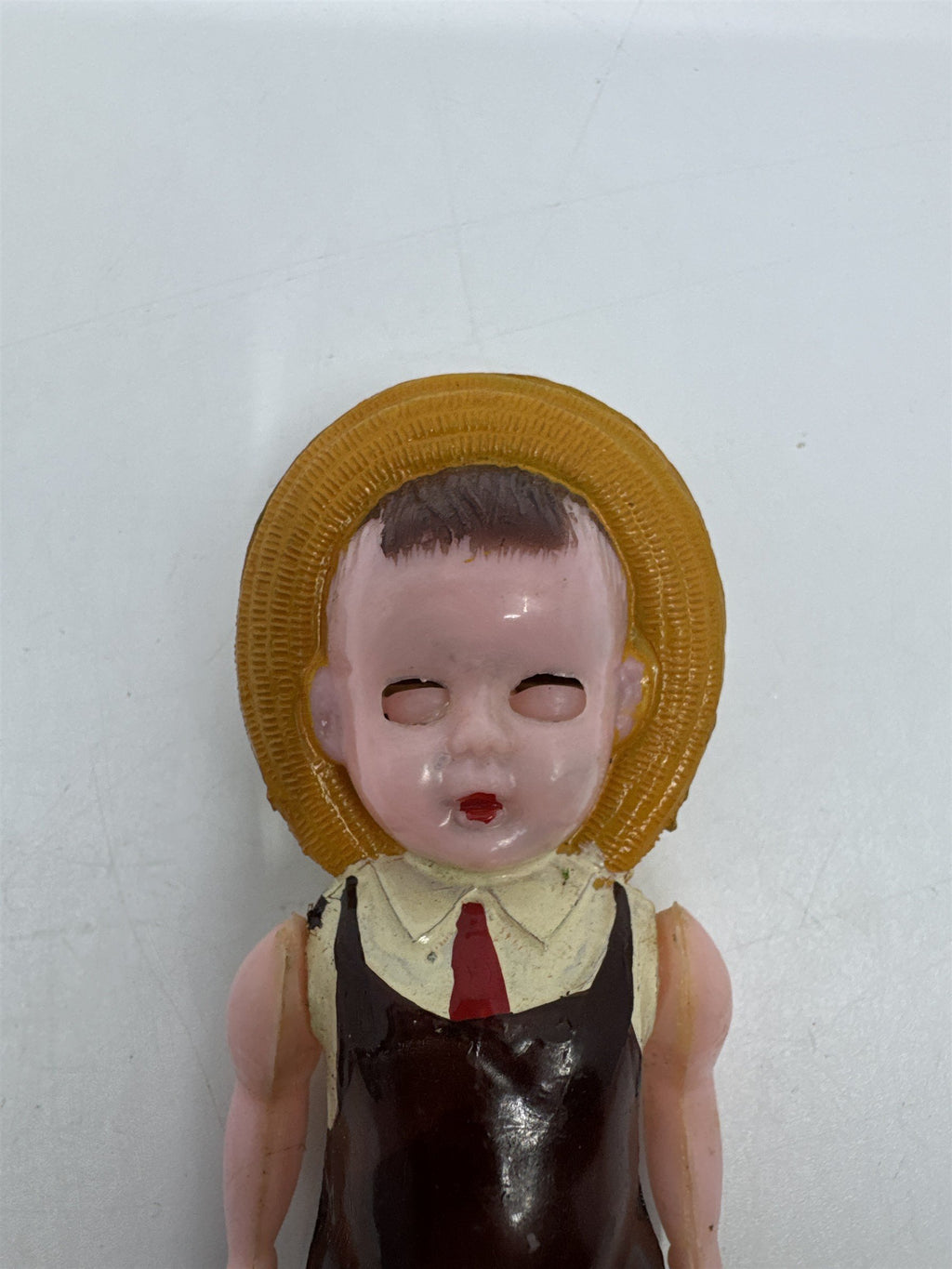 Vintage Plastic Toy Small Farmer Boy W/ Hat Articulating Eyes Hong Kong
