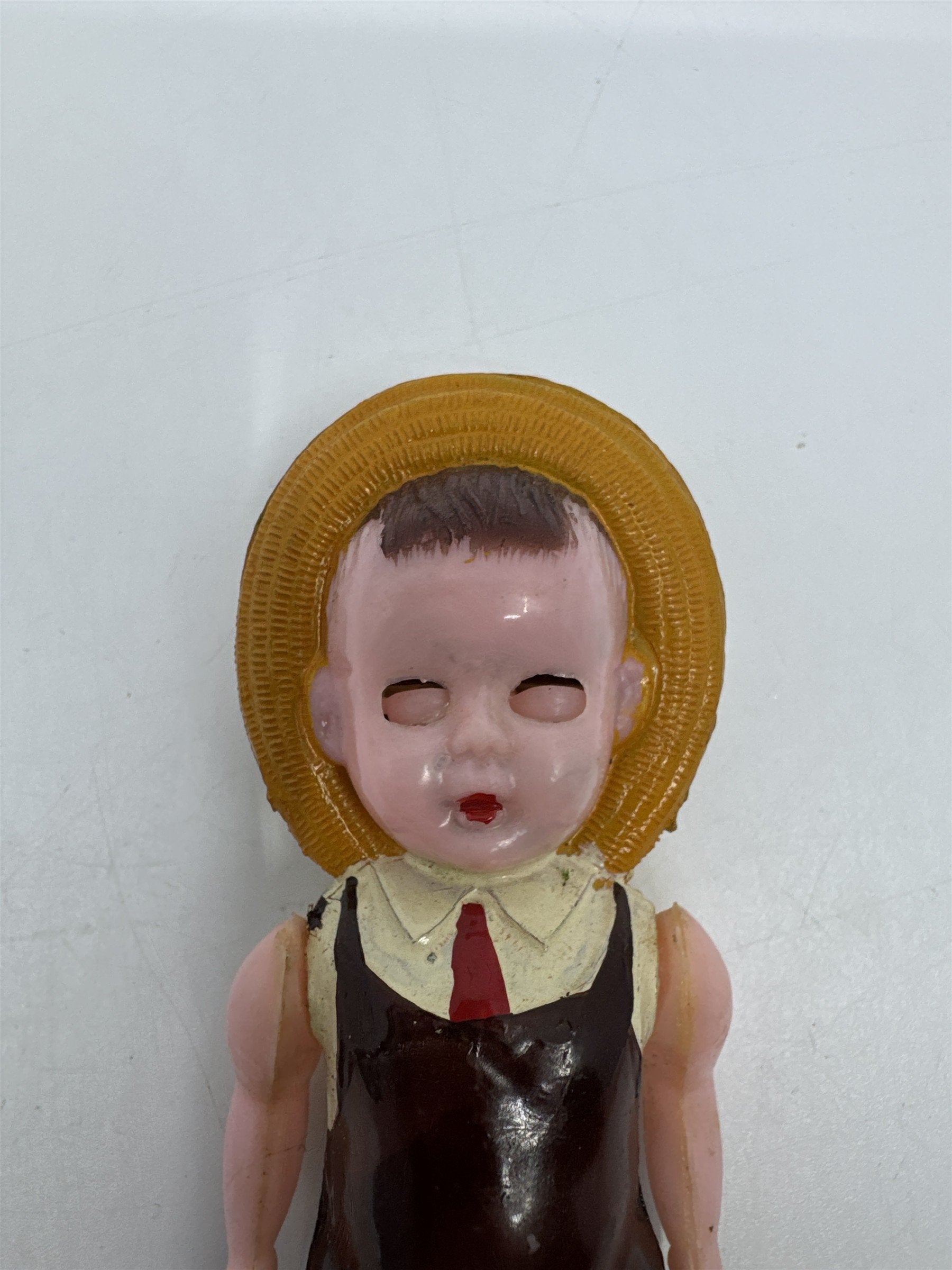 Vintage Plastic Toy Small Farmer Boy W/ Hat Articulating Eyes Hong Kong